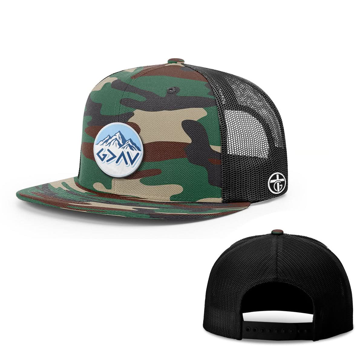 OurTrueGod Customs Hat Snapback Flatbill / Green Camo and Black / One Size God Is Greater Than The Highs And Lows Mountain Circle Patch Hats