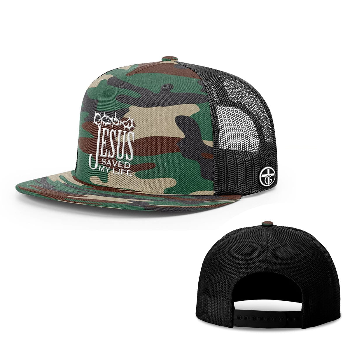 OurTrueGod Customs Hat Snapback Flatbill / Green Camo and Black / One Size Jesus Saved My Life Hats