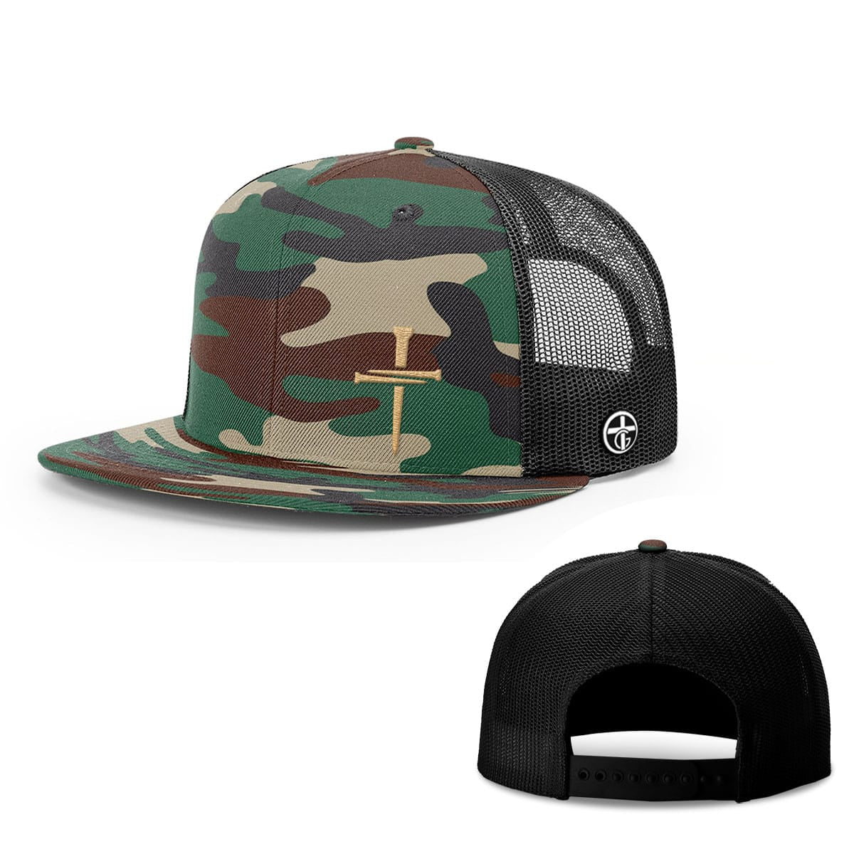 Nail Cross Gold Hat, Snapback Flatbill in Green Camo and Black