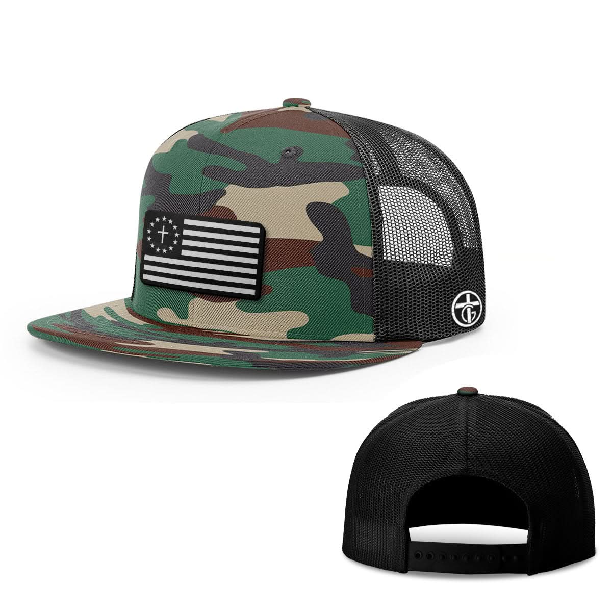 OurTrueGod Customs Hat Snapback Flatbill / Green Camo and Black / One Size One Nation Under God White Leather Patch Hat - Snapback & Flexfit