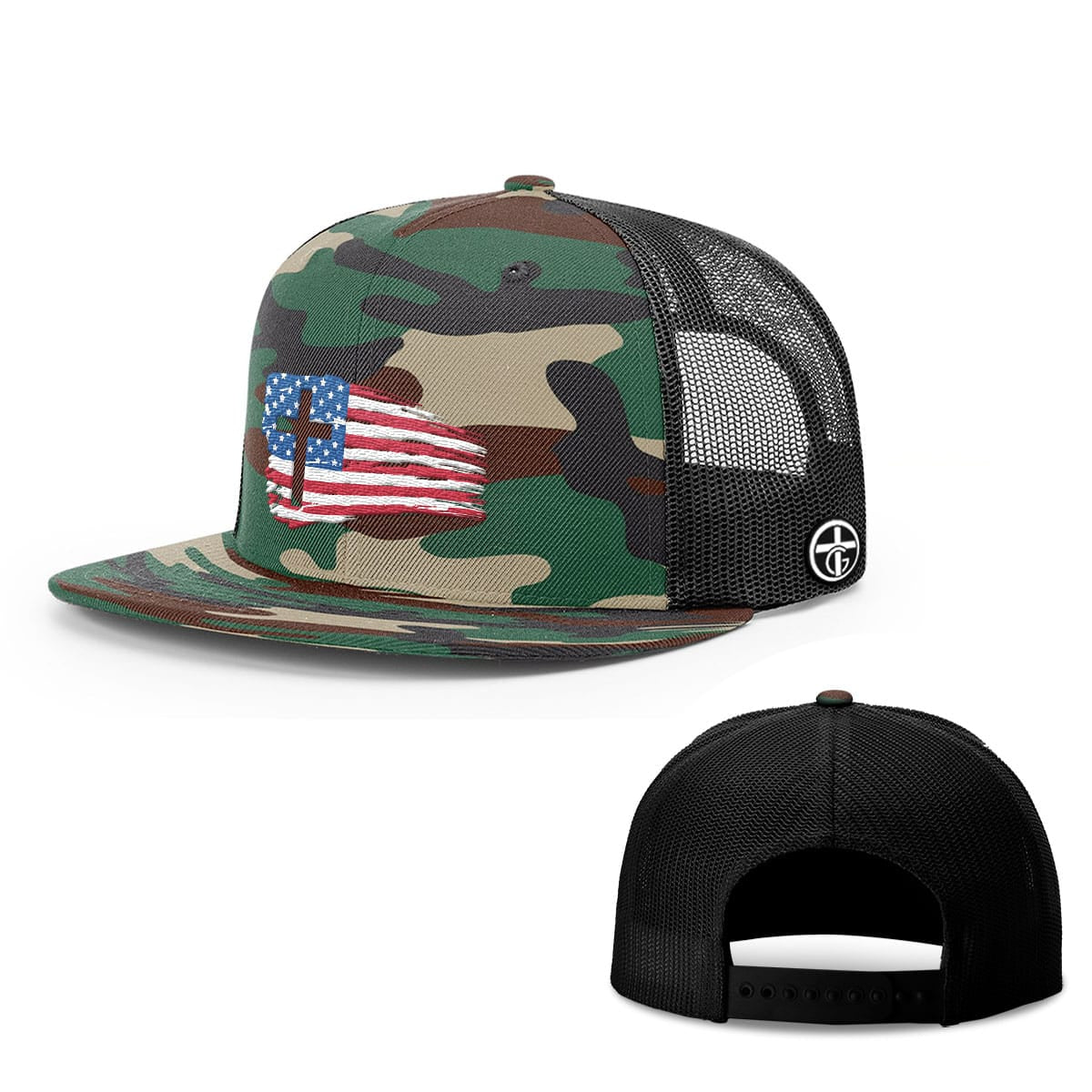 OurTrueGod Customs Hat Snapback Flatbill / Green Camo and Black / One Size Tattered USA Flag Hats