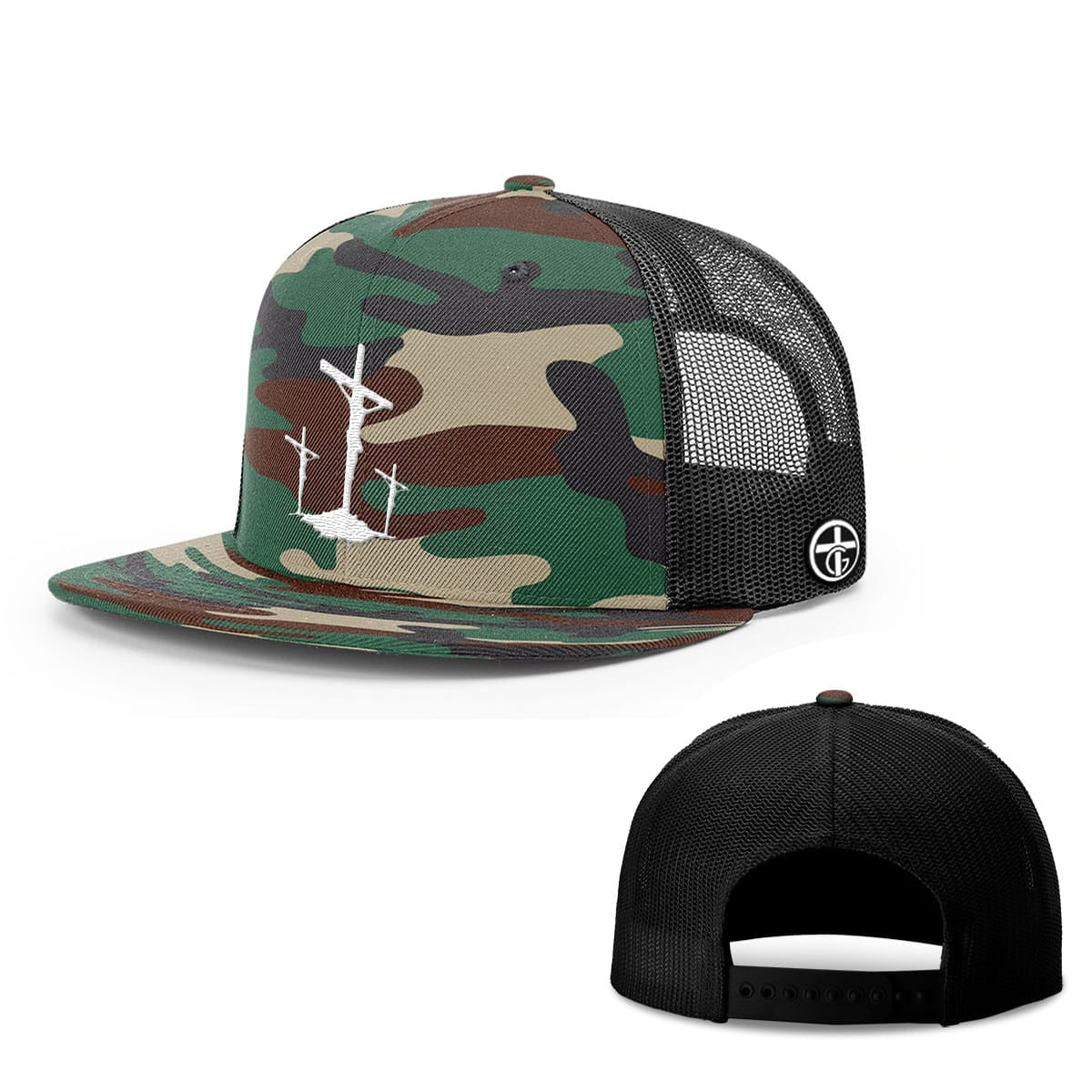OurTrueGod Customs Hat Snapback Flatbill / Green Camo and Black / One Size Three Crosses Hats