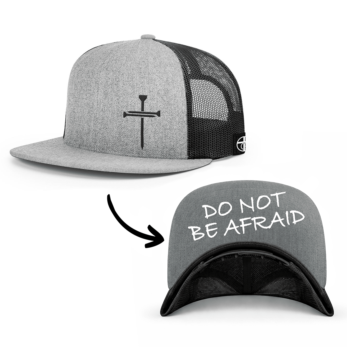 OurTrueGod Customs Hat Snapback Flatbill / Heather and Black / One Size 3 Nail Cross - Do Not Be Afraid Prayer Print Hats