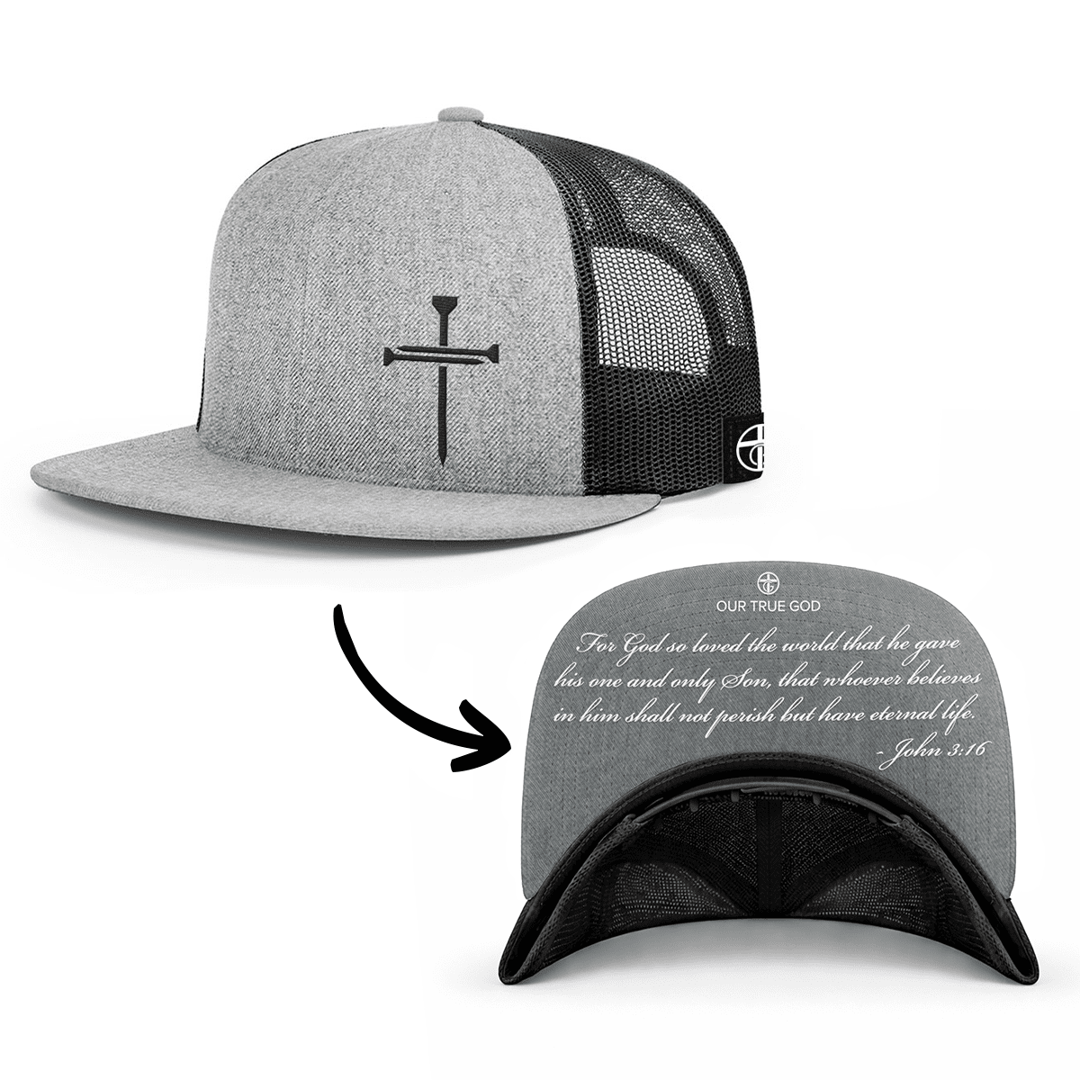 OurTrueGod Customs Hat Snapback Flatbill / Heather and Black / One Size 3 Nail Cross - John 3:16 Prayer Print Hats