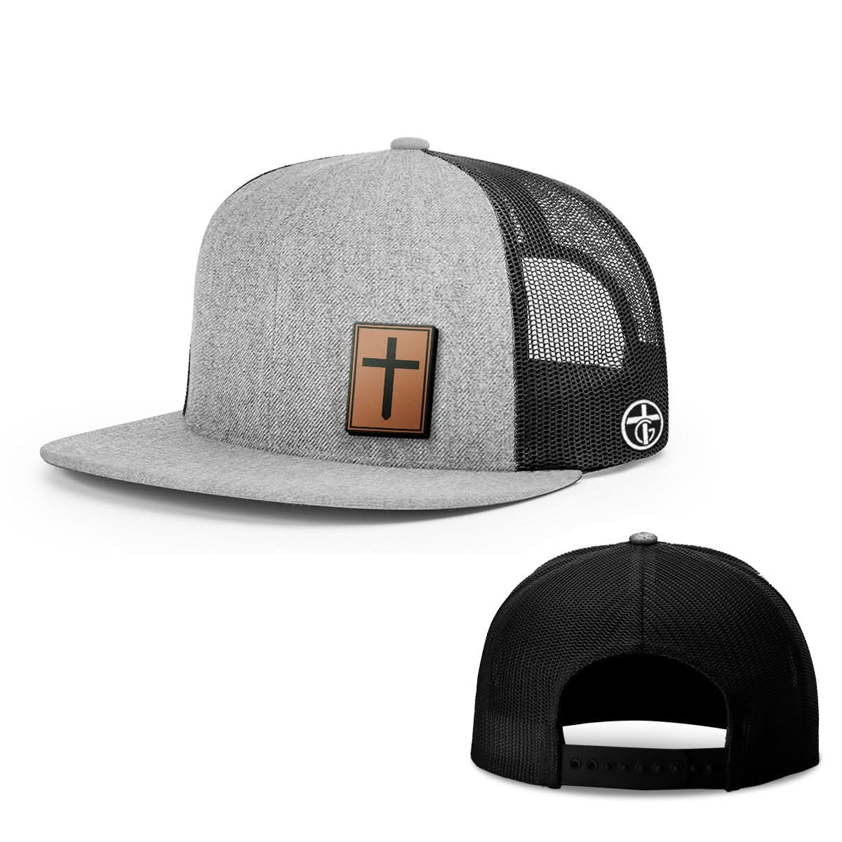 OurTrueGod Customs Hat Snapback Flatbill / Heather and Black / One Size Cross Leather Patch Hats