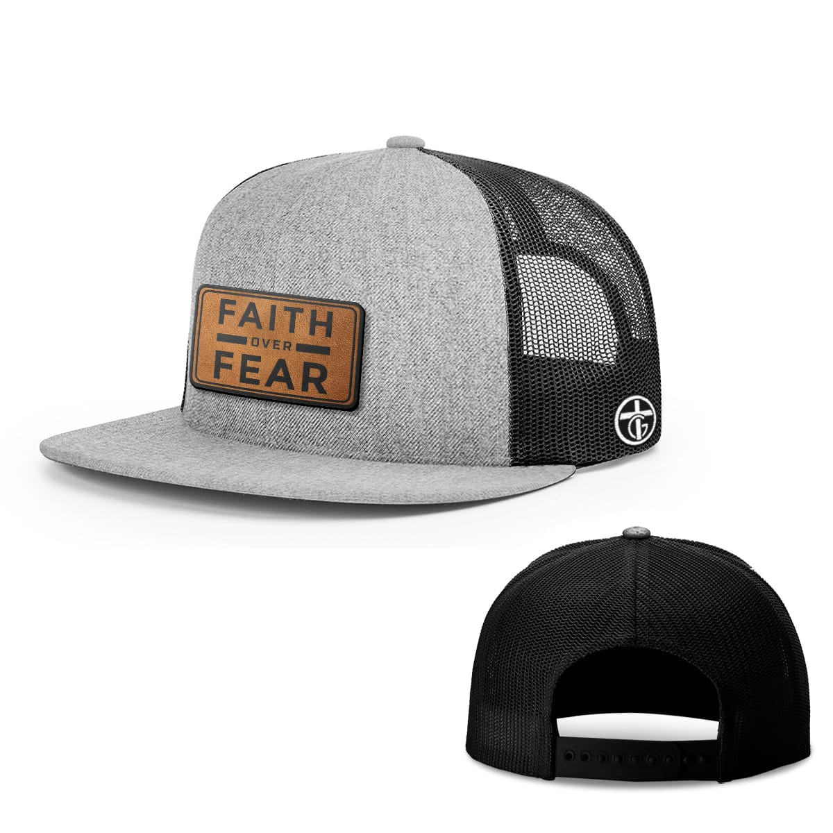 OurTrueGod Customs Hat Snapback Flatbill / Heather and Black / One Size Faith Over Fear Leather Patch Hats