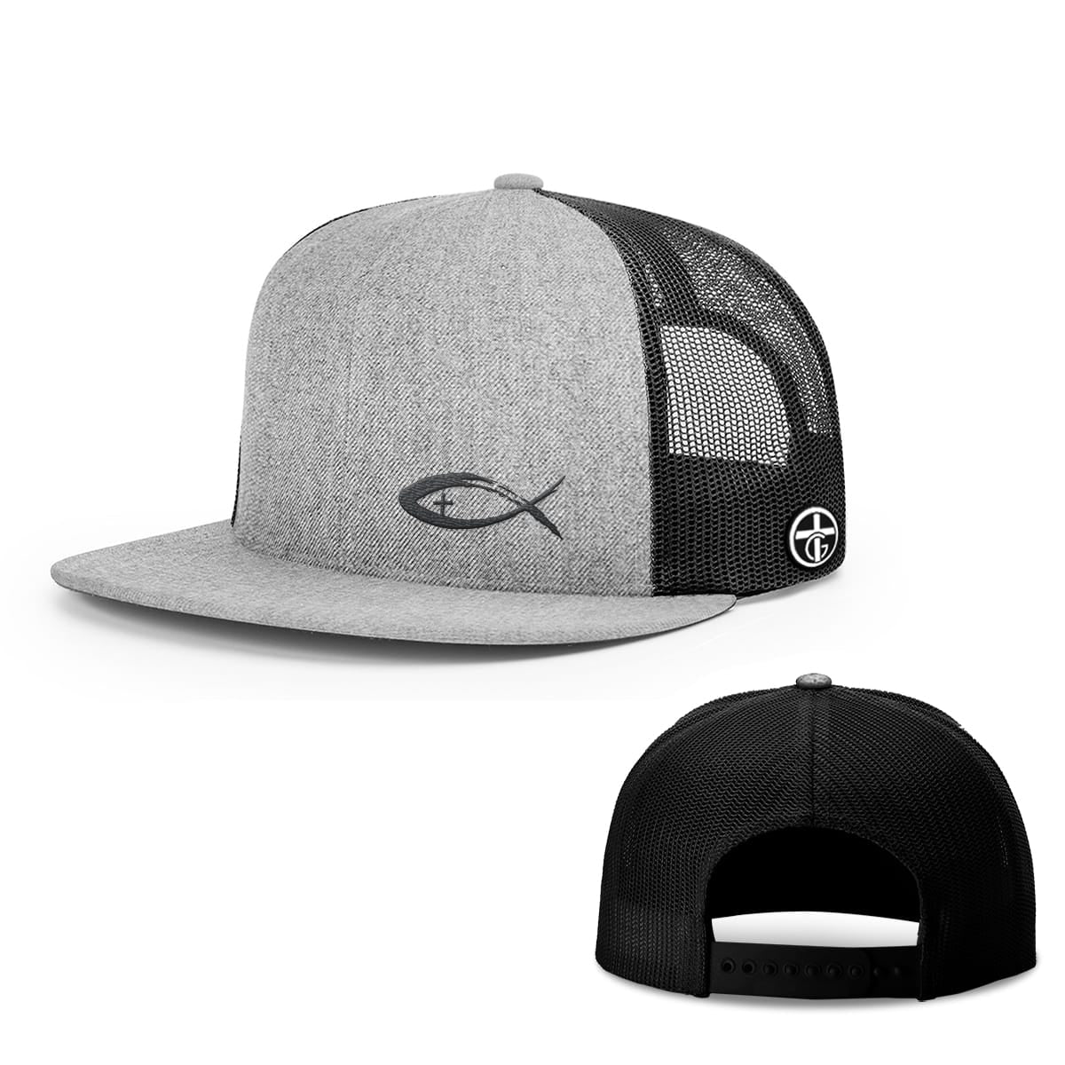 OurTrueGod Customs Hat Snapback Flatbill / Heather and Black / One Size Jesus Fish V2 Lower Left Hats