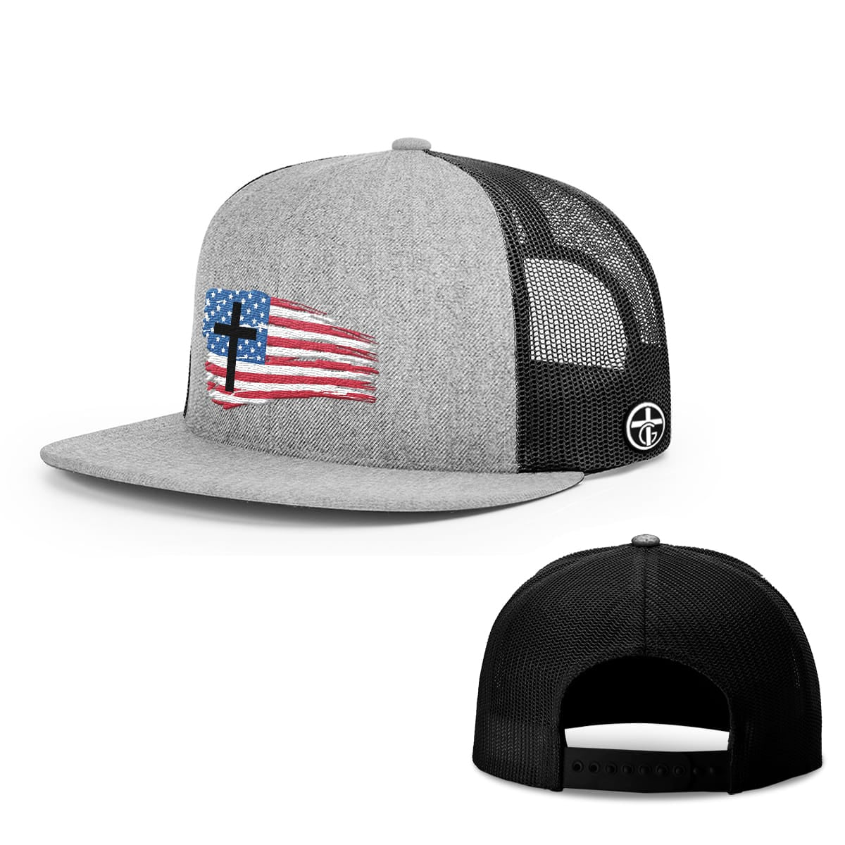 OurTrueGod Customs Hat Snapback Flatbill / Heather and Black / One Size Tattered USA Flag Hats