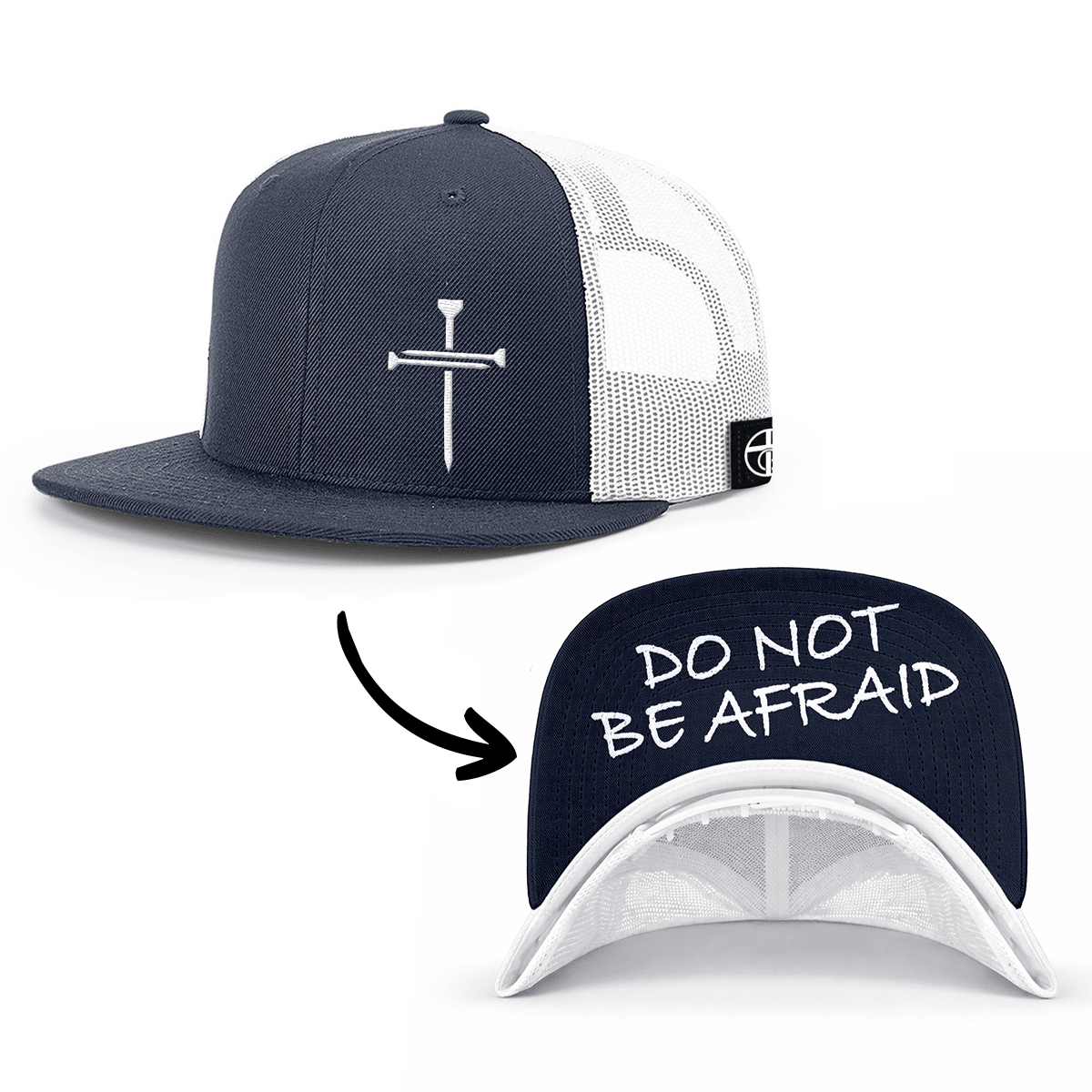 OurTrueGod Customs Hat Snapback Flatbill / Navy and White / One Size 3 Nail Cross - Do Not Be Afraid Prayer Print Hats
