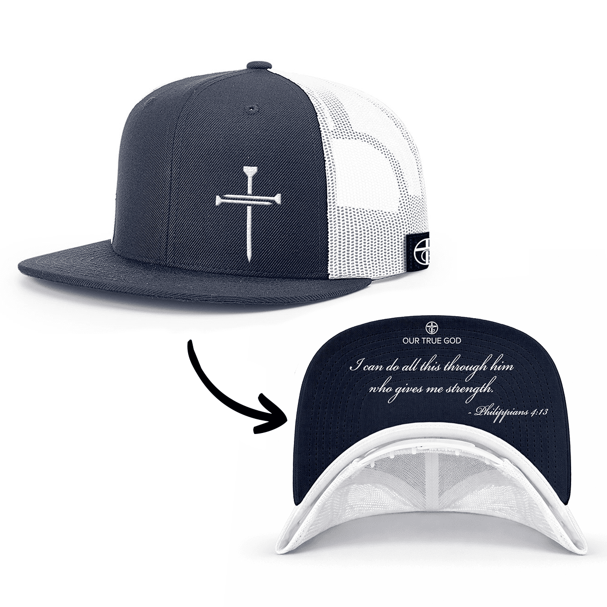 OurTrueGod Customs Hat Snapback Flatbill / Navy and White / One Size 3 Nail Cross - Philippians 4:13 Prayer Print Hats