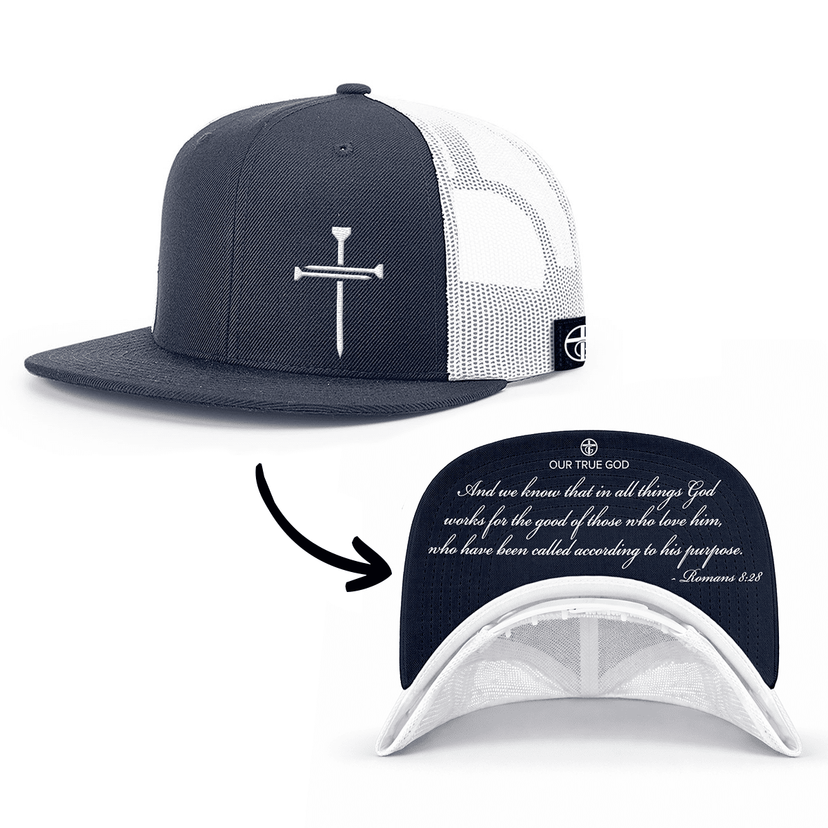 OurTrueGod Customs Hat Snapback Flatbill / Navy and White / One Size 3 Nail Cross - Romans 8:28 Prayer Print Hats