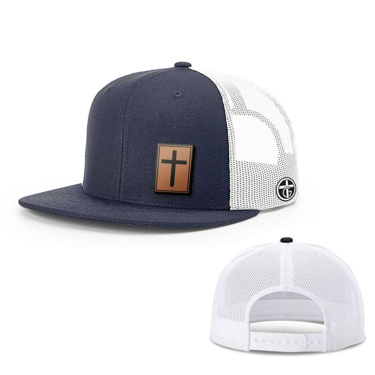 OurTrueGod Customs Hat Snapback Flatbill / Navy and White / One Size Cross Leather Patch Hats