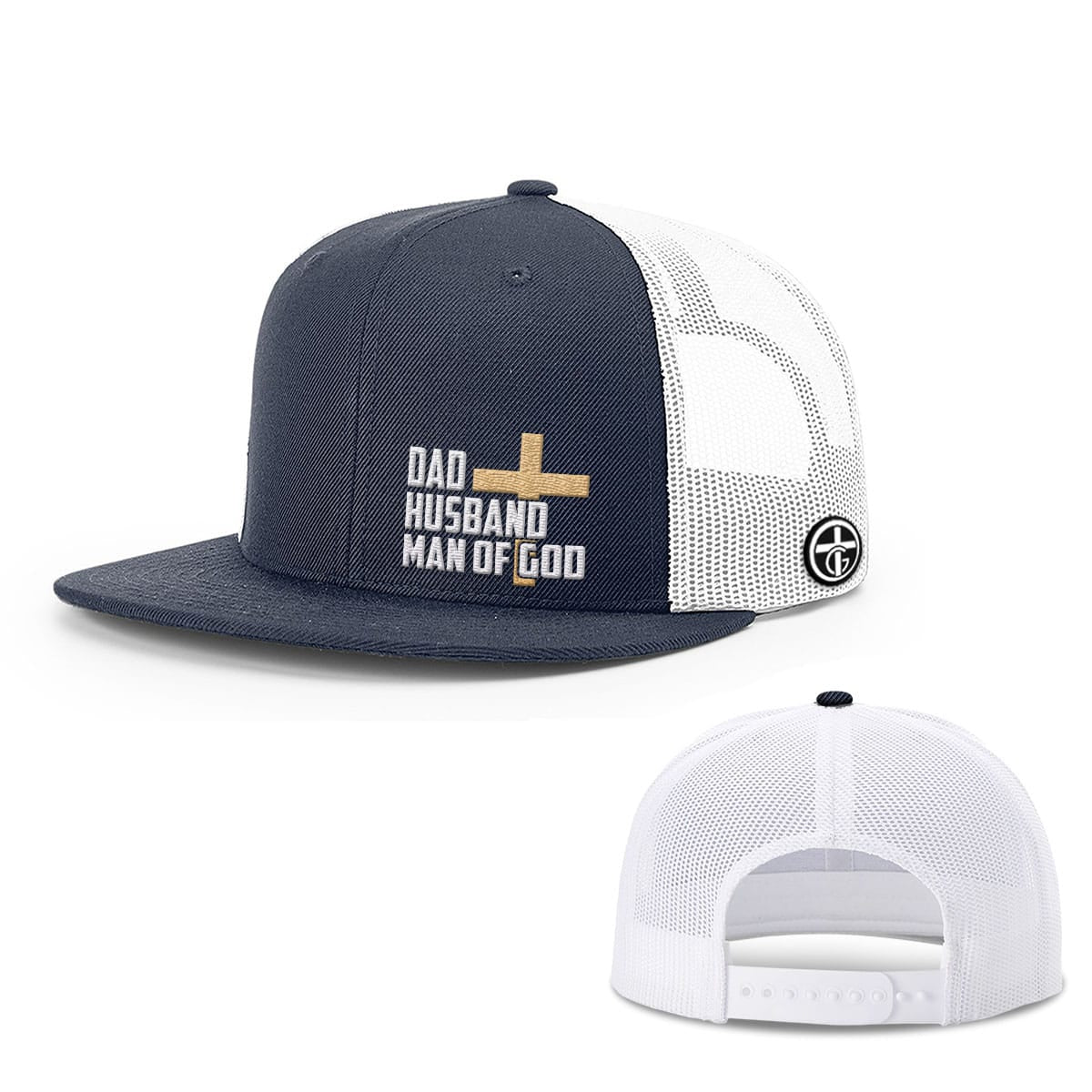 OurTrueGod Customs Hat Snapback Flatbill / Navy and White / One Size Dad, Husband, Man of God Hats