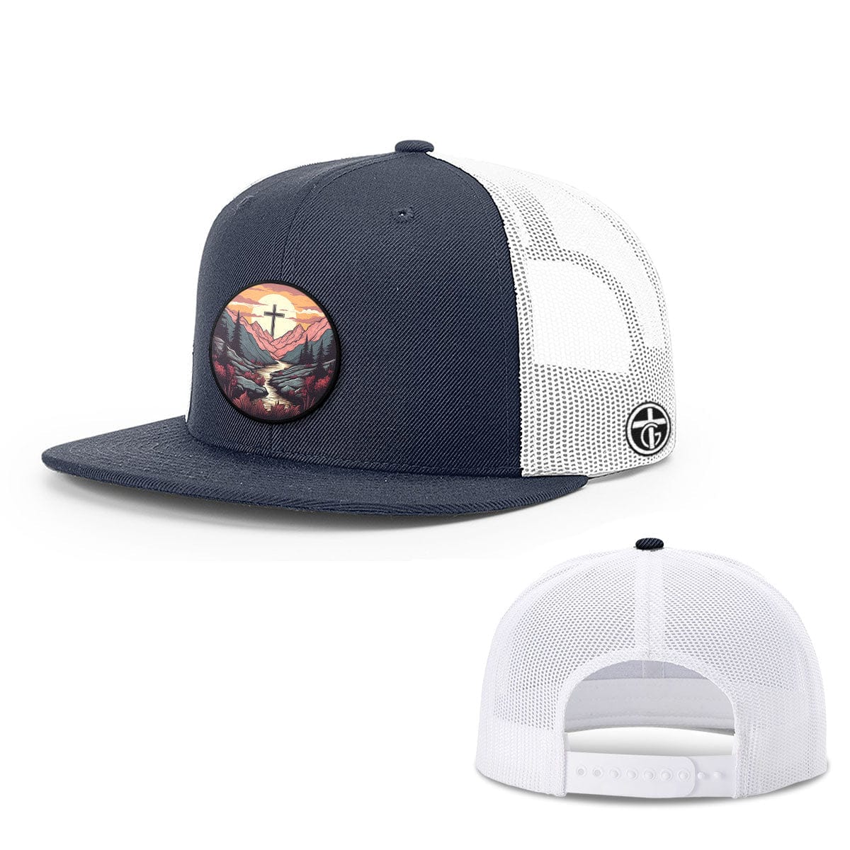 OurTrueGod Customs Hat Snapback Flatbill / Navy and White / One Size Faith Can Move Mountains v2 Circle Patch Hats