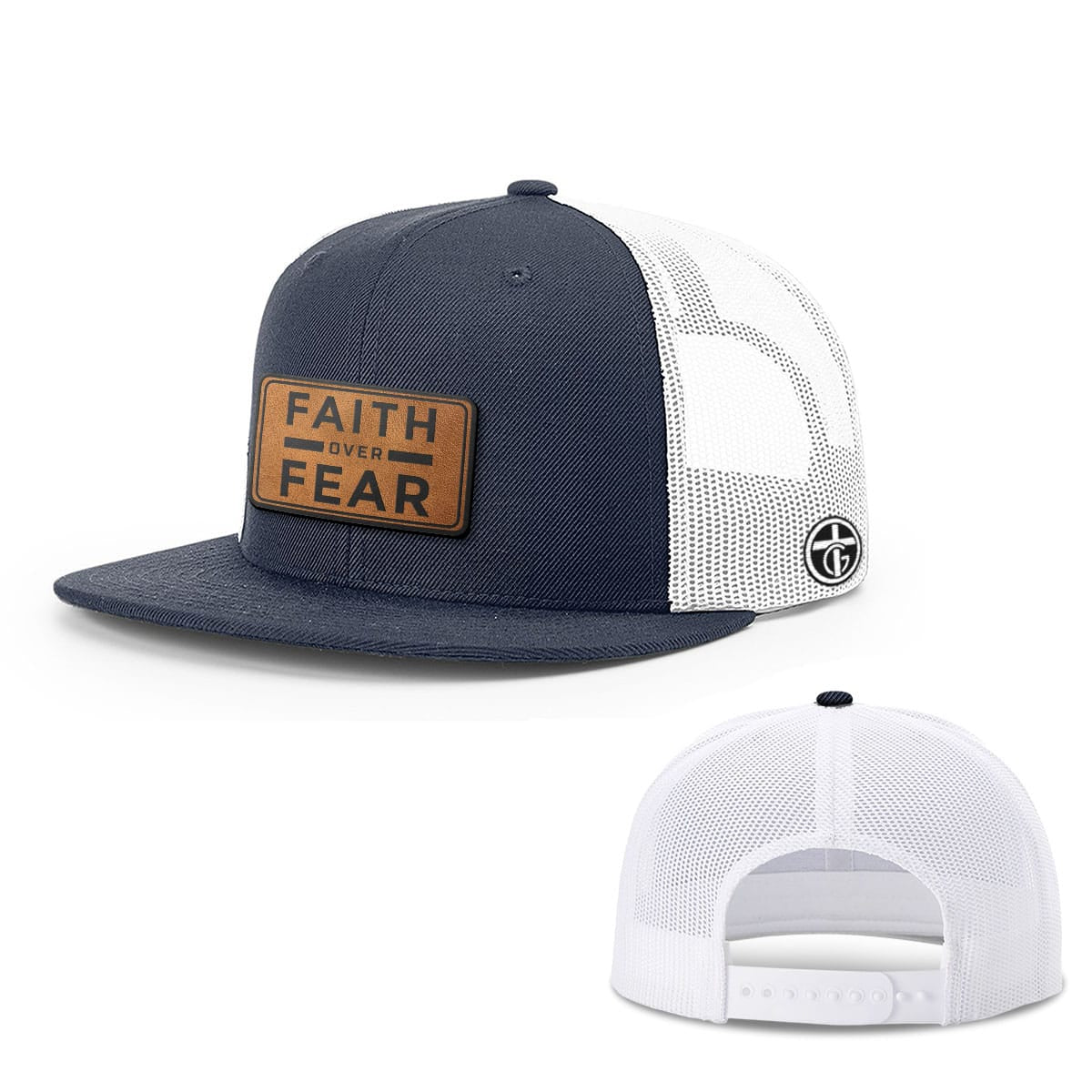 OurTrueGod Customs Hat Snapback Flatbill / Navy and White / One Size Faith Over Fear Leather Patch Hats