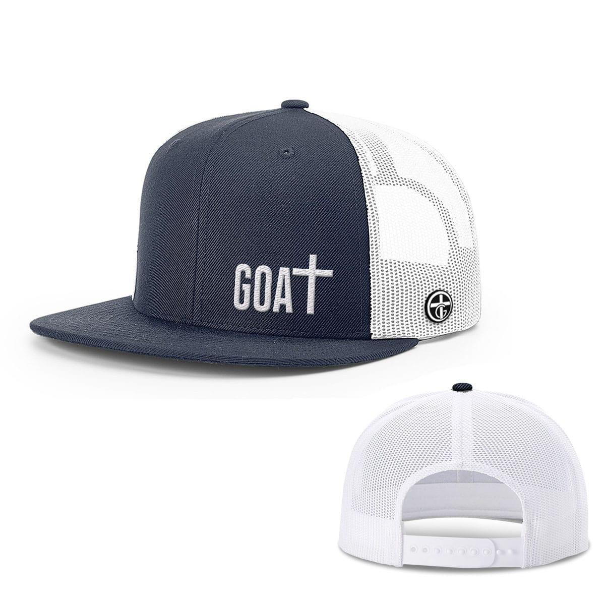 GOAT - God Over All Things Hat, Snapback Flatbill in Navy and White