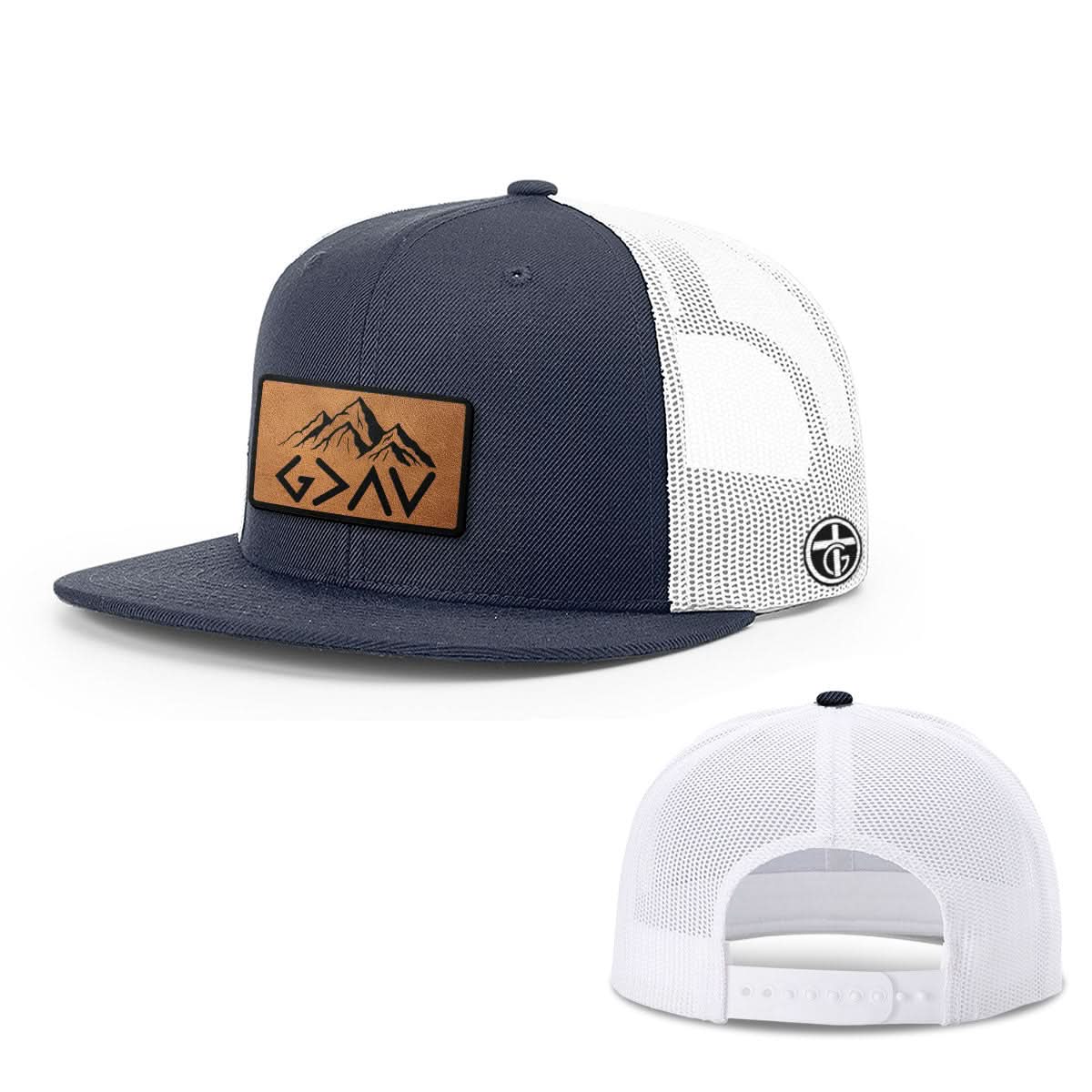OurTrueGod Customs Hat Snapback Flatbill / Navy and White / One Size God Is Greater Than The Highs And Lows Mountain Leather Patch Hats