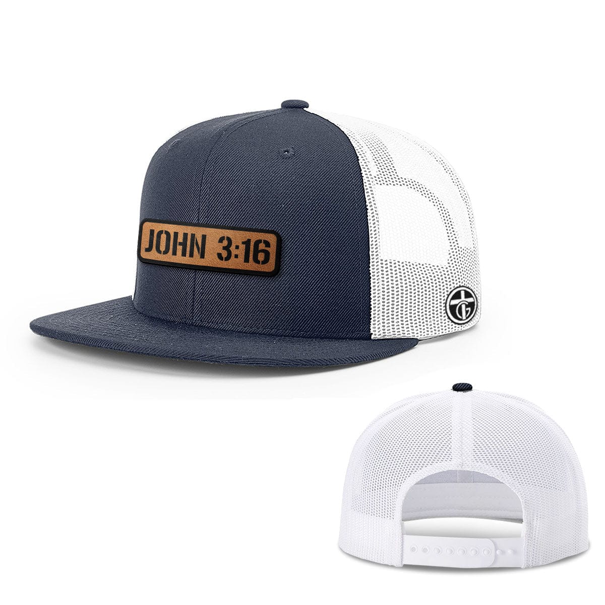 OurTrueGod Customs Hat Snapback Flatbill / Navy and White / One Size John 3:16 Leather Patch Hats