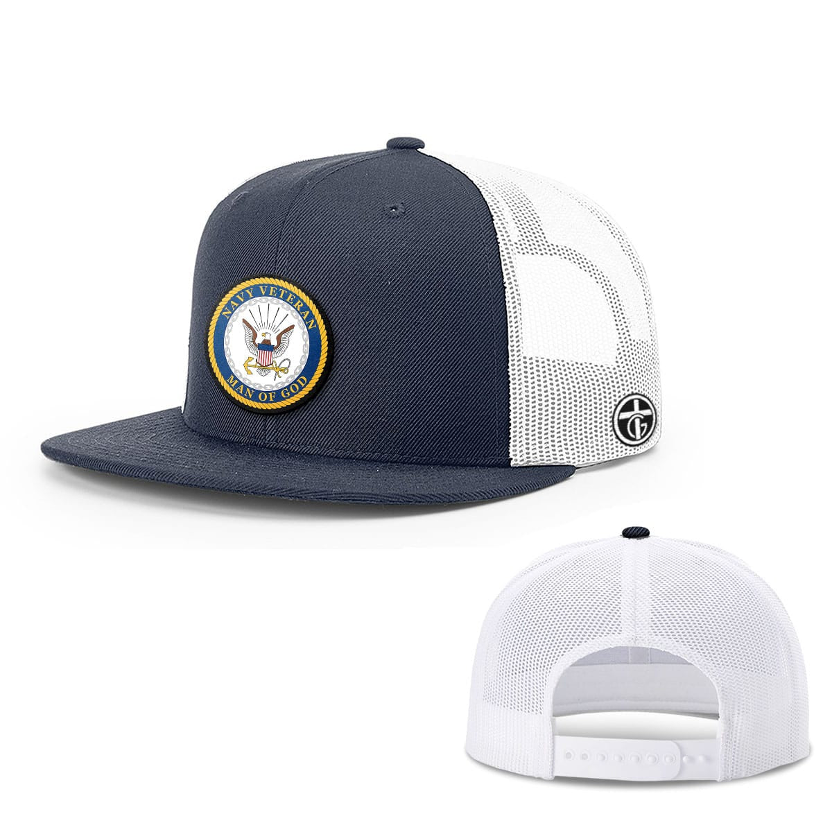 OurTrueGod Customs Hat Snapback Flatbill / Navy and White / One Size Navy Veteran - Man Of God Patch Hats