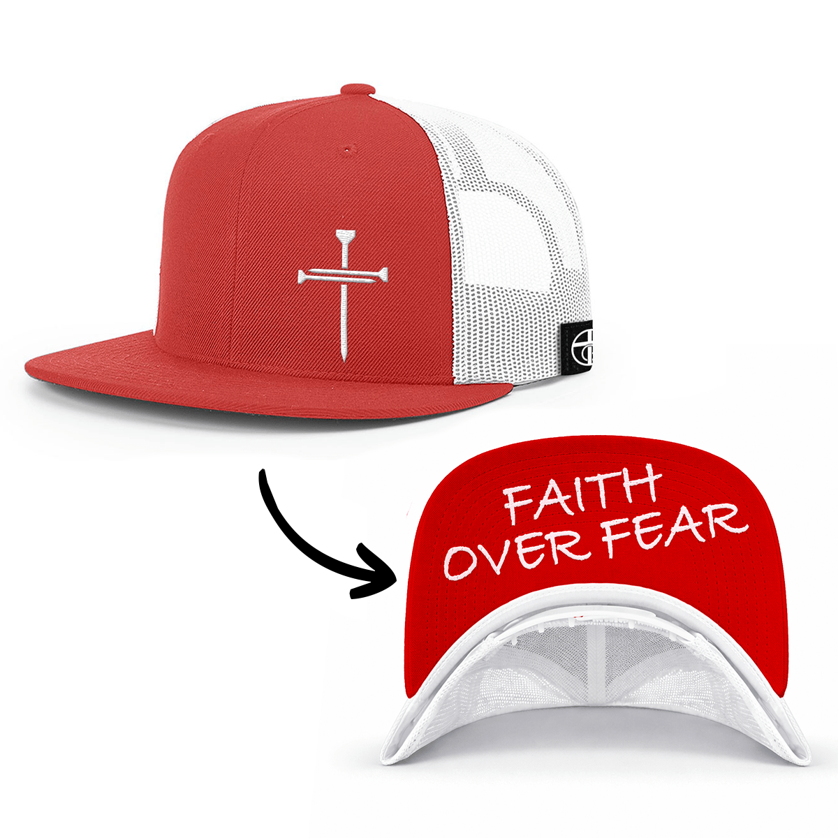 OurTrueGod Customs Hat Snapback Flatbill / Red and White / One Size 3 Nail Cross - Faith Over Fear Prayer Print Hats
