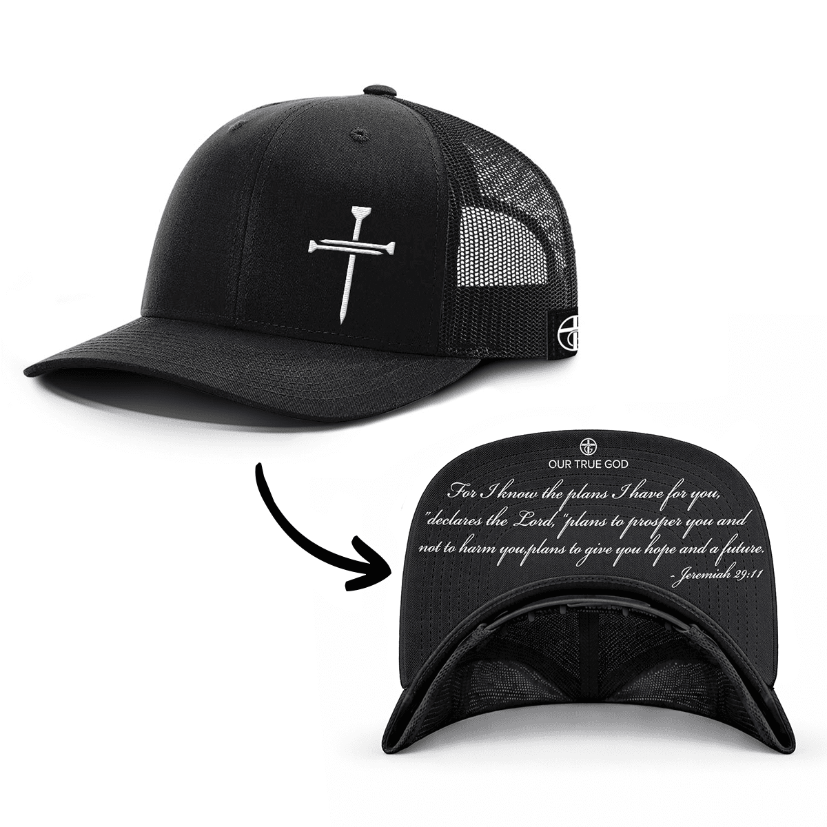 OurTrueGod Customs Hat Snapback / Full Black / One Size 3 Nail Cross - Jeremiah 29:11 Prayer Print Hats