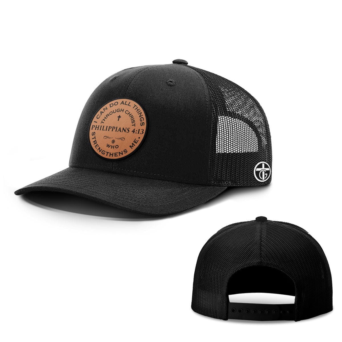 OurTrueGod Customs Hat Snapback / Full Black / One Size Philippians 4:13 Leather Patch Hats