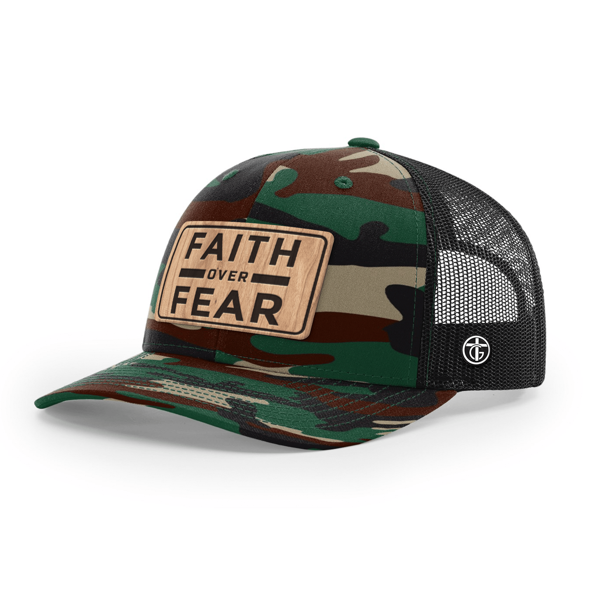 OurTrueGod Customs Hat Snapback / Green Camo and Black / One Size Faith Over Fear Camo Wood Patch Camo Hats