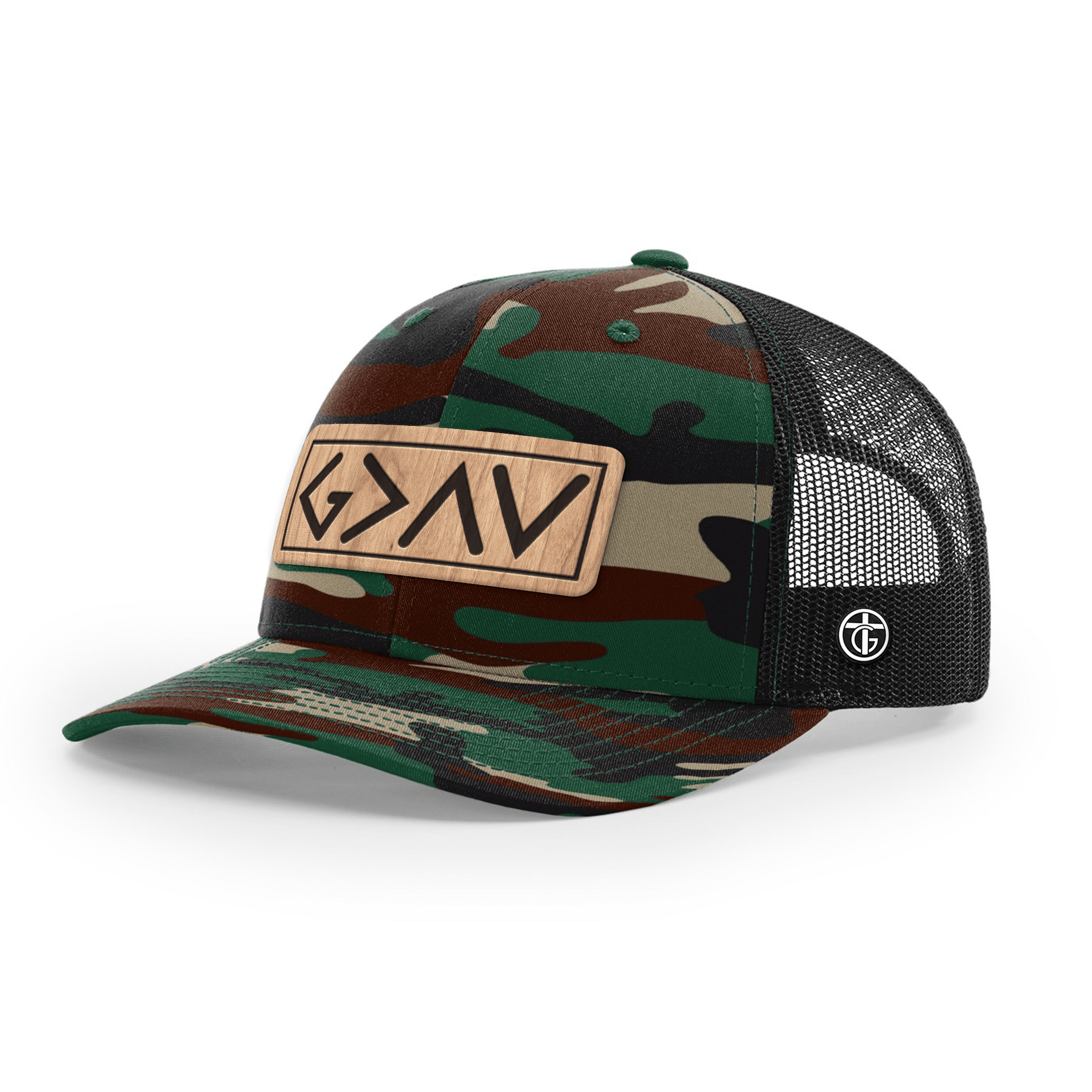OurTrueGod Customs Hat Snapback / Green Camo and Black / One Size God Is Greater Than The Highs And Lows Wood Patch Camo Hats