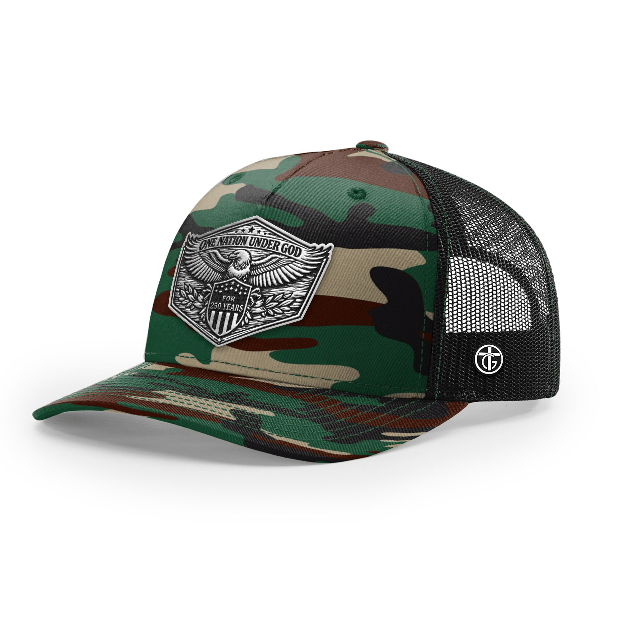 OurTrueGod Customs Hat Snapback / Green Camo and Black / One Size One Nation Under God 250th Year Hat