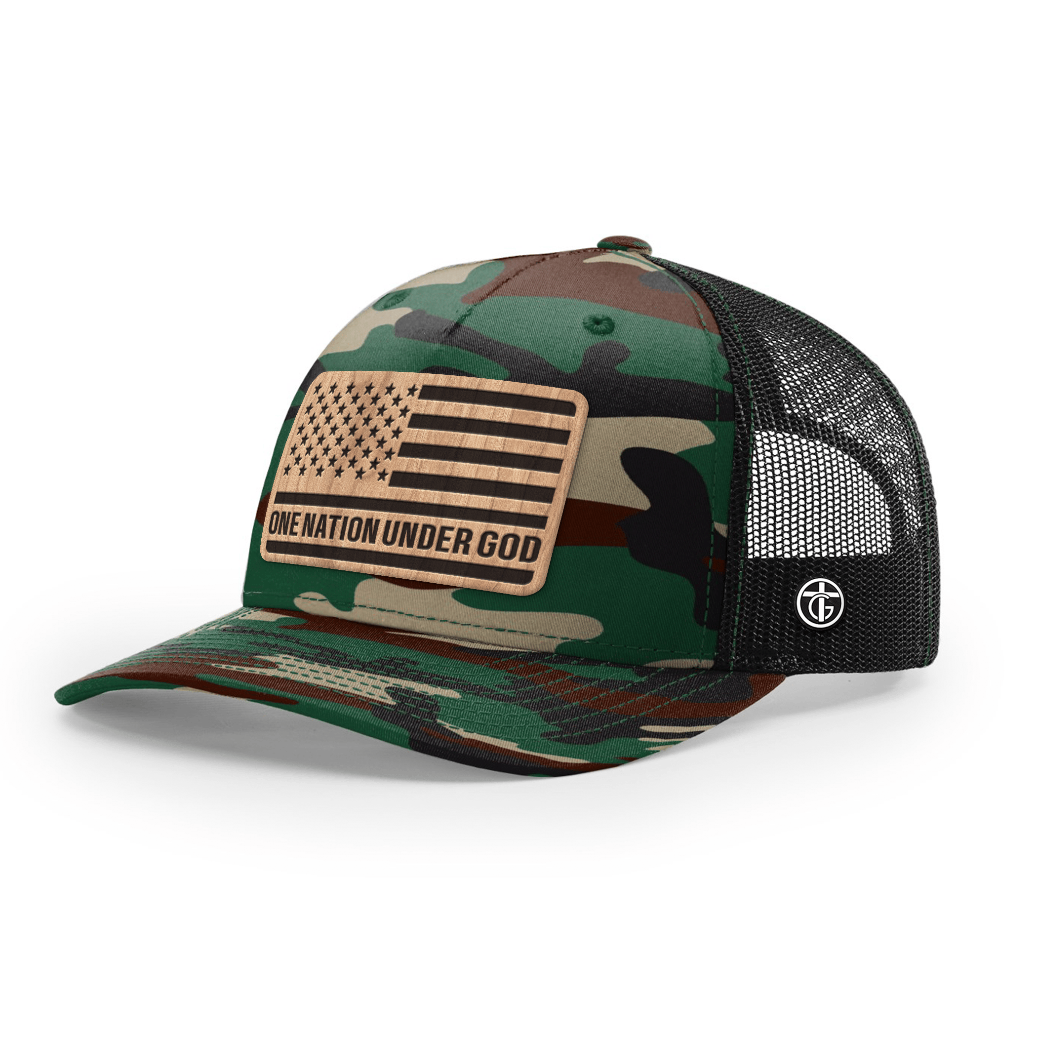 OurTrueGod Customs Hat Snapback / Green Camo and Black / One Size One Nation Under God Wood Patch Camo Hats