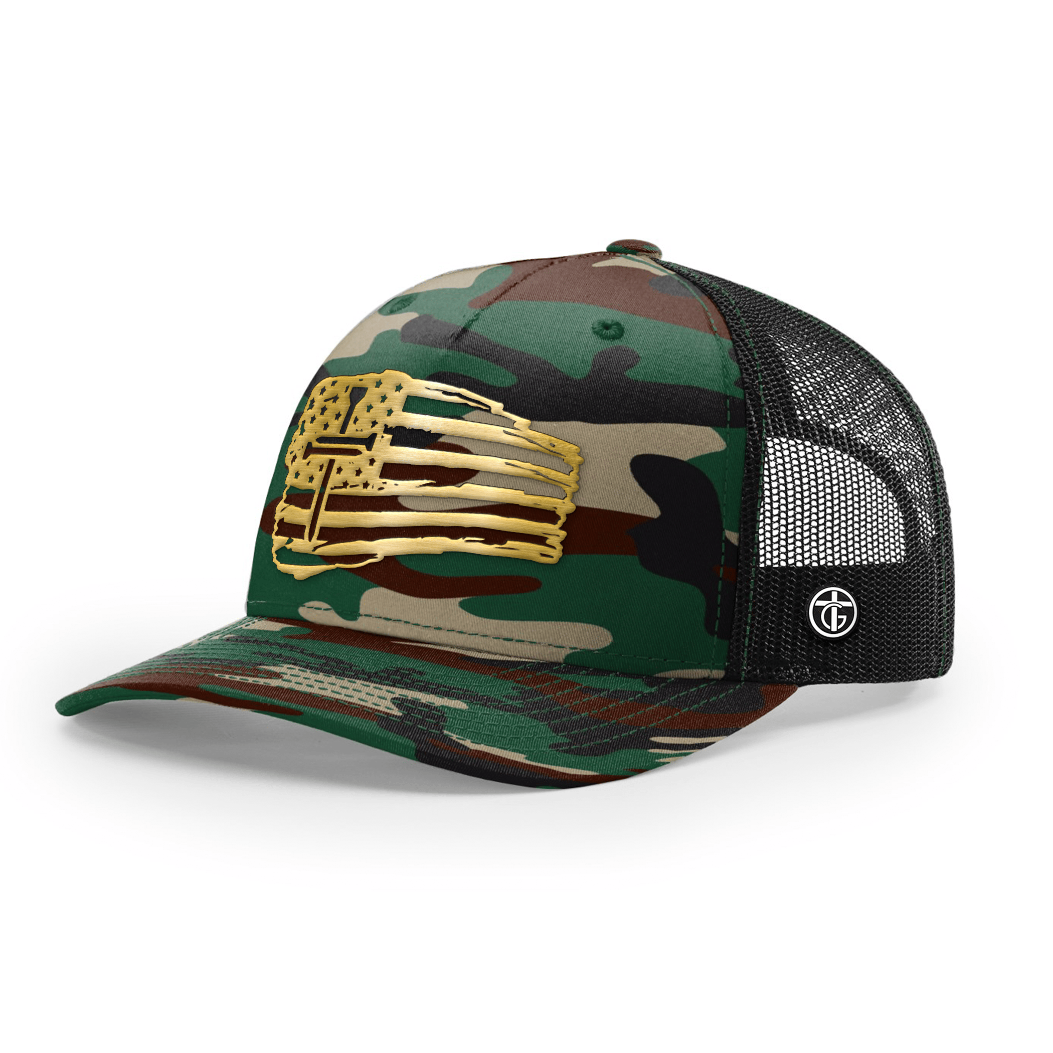 OurTrueGod Customs Hat Snapback / Green Camo and Black / One Size Tattered Flag Cross Gold Metal Patch Camo Hats