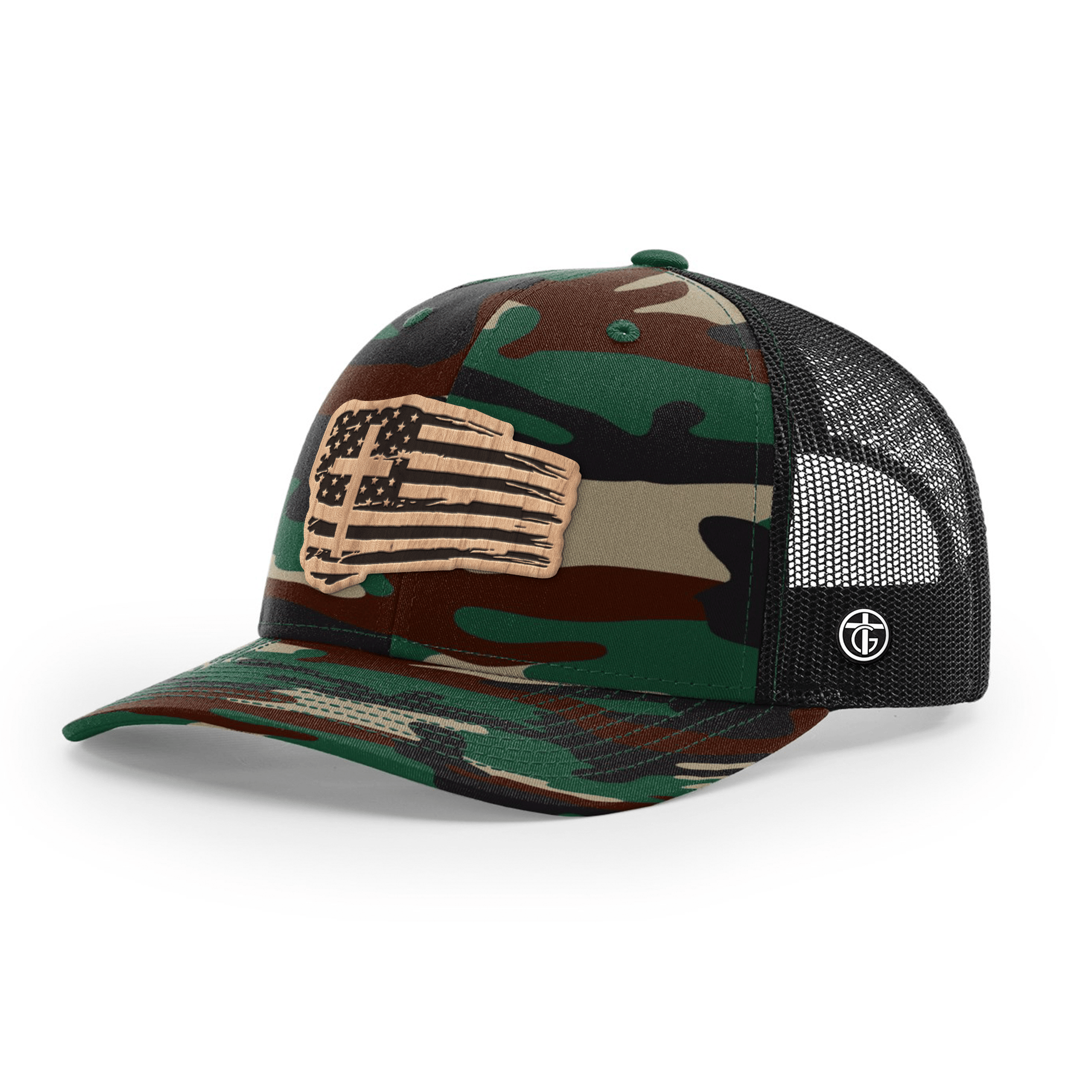OurTrueGod Customs Hat Snapback / Green Camo and Black / One Size Tattered Flag Wood Patch Camo Hats