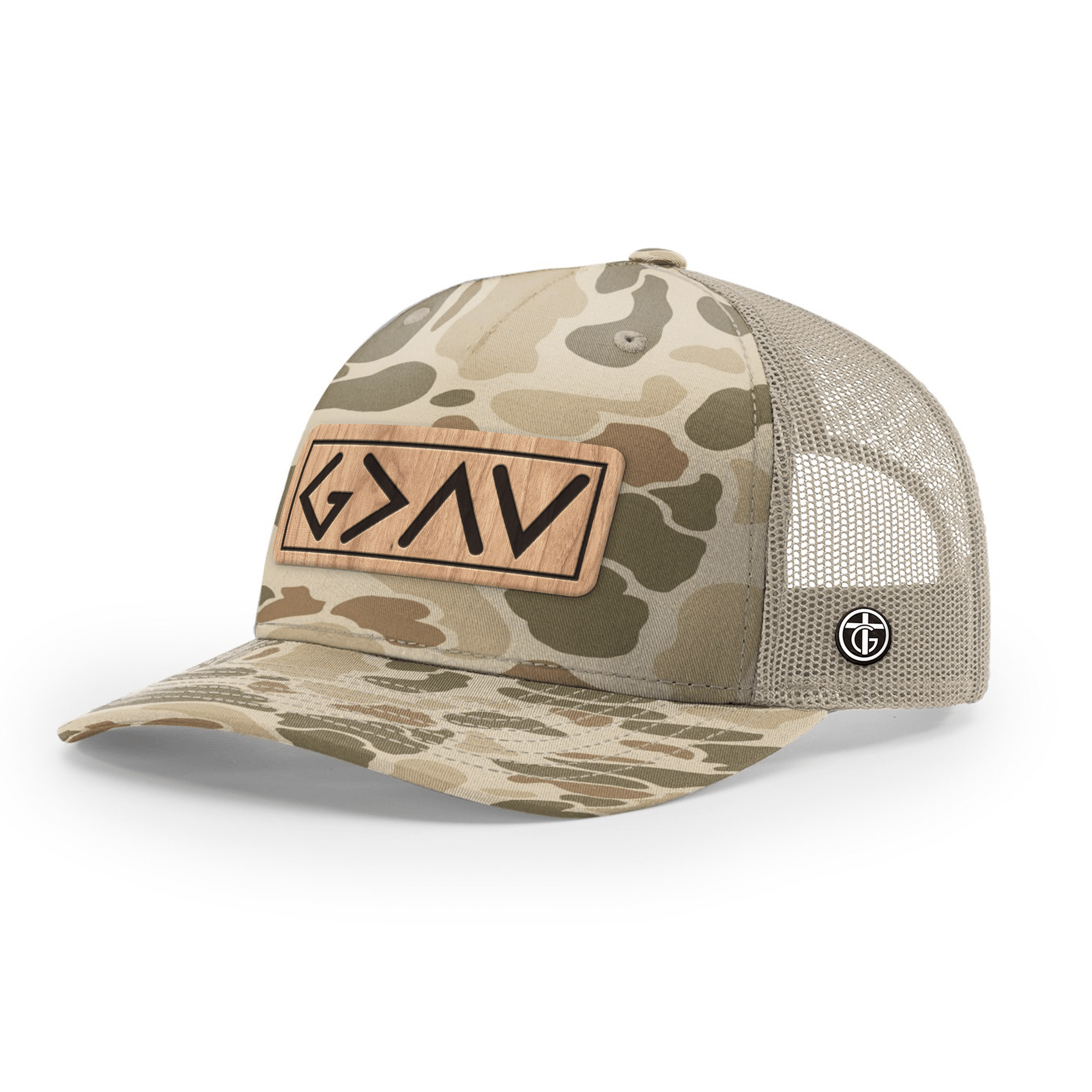 OurTrueGod Customs Hat Snapback / Harvest Duck Camo and Light Tan / One Size God Is Greater Than The Highs And Lows Wood Patch Camo Hats