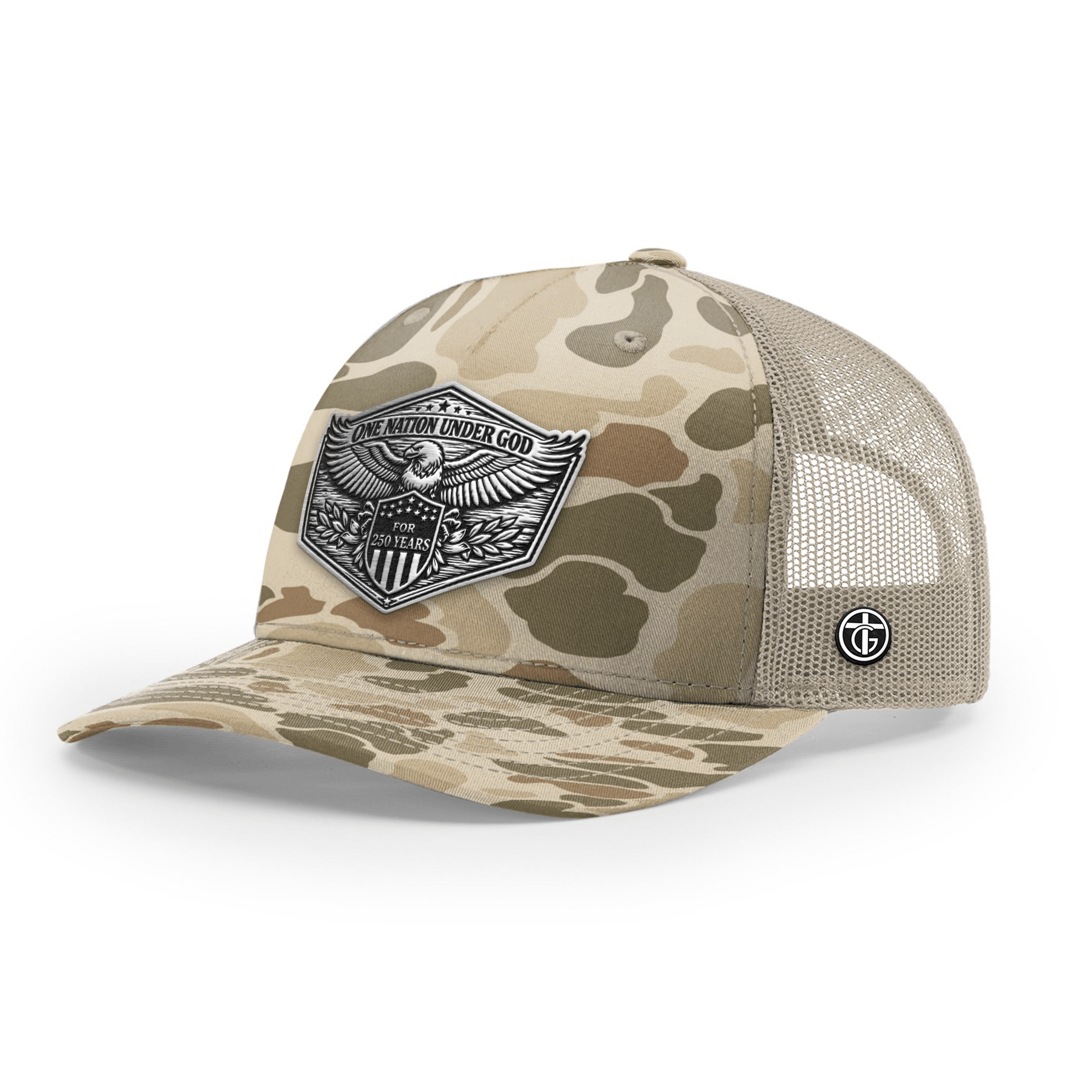 OurTrueGod Customs Hat Snapback / Harvest Duck Camo and Light Tan / One Size One Nation Under God 250th Year Hat