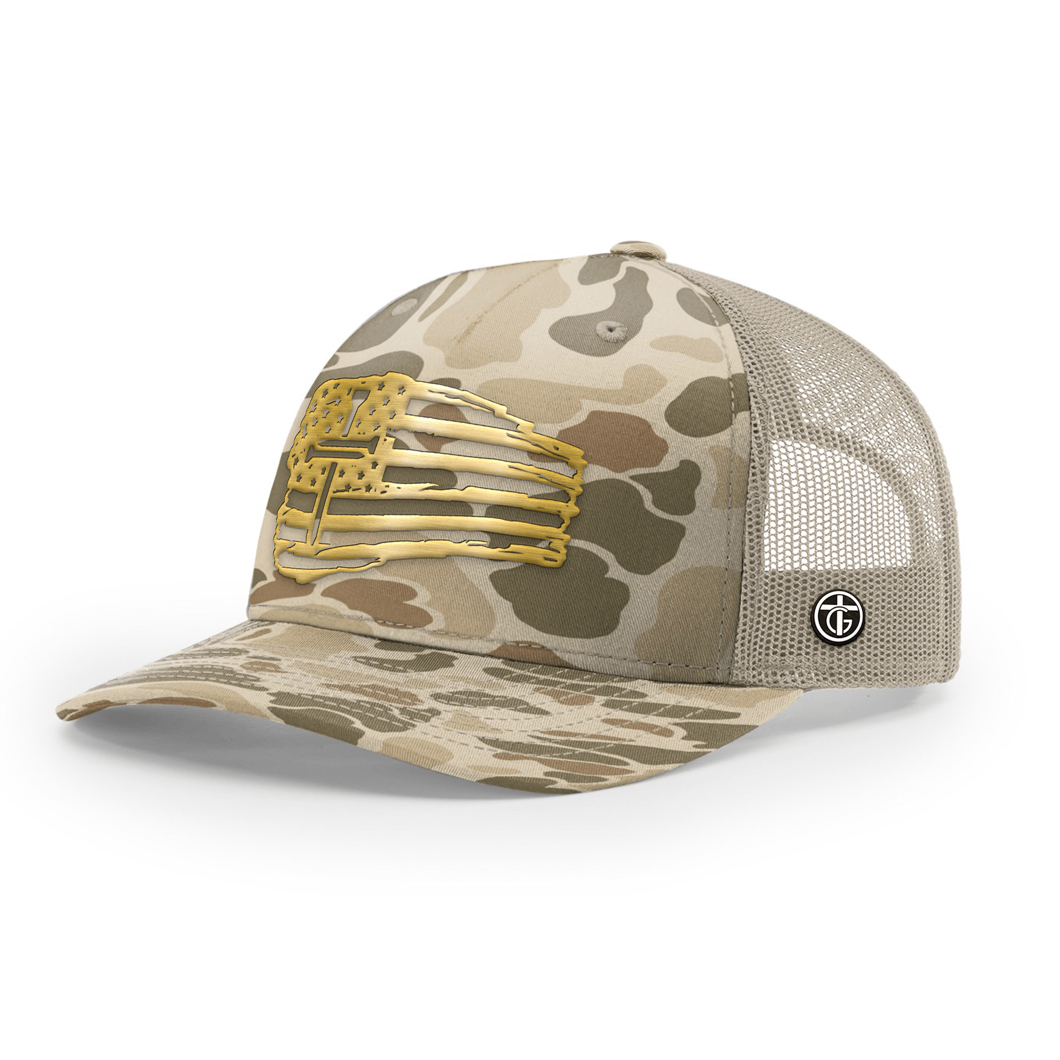 OurTrueGod Customs Hat Snapback / Harvest Duck Camo and Light Tan / One Size Tattered Flag Cross Gold Metal Patch Camo Hats