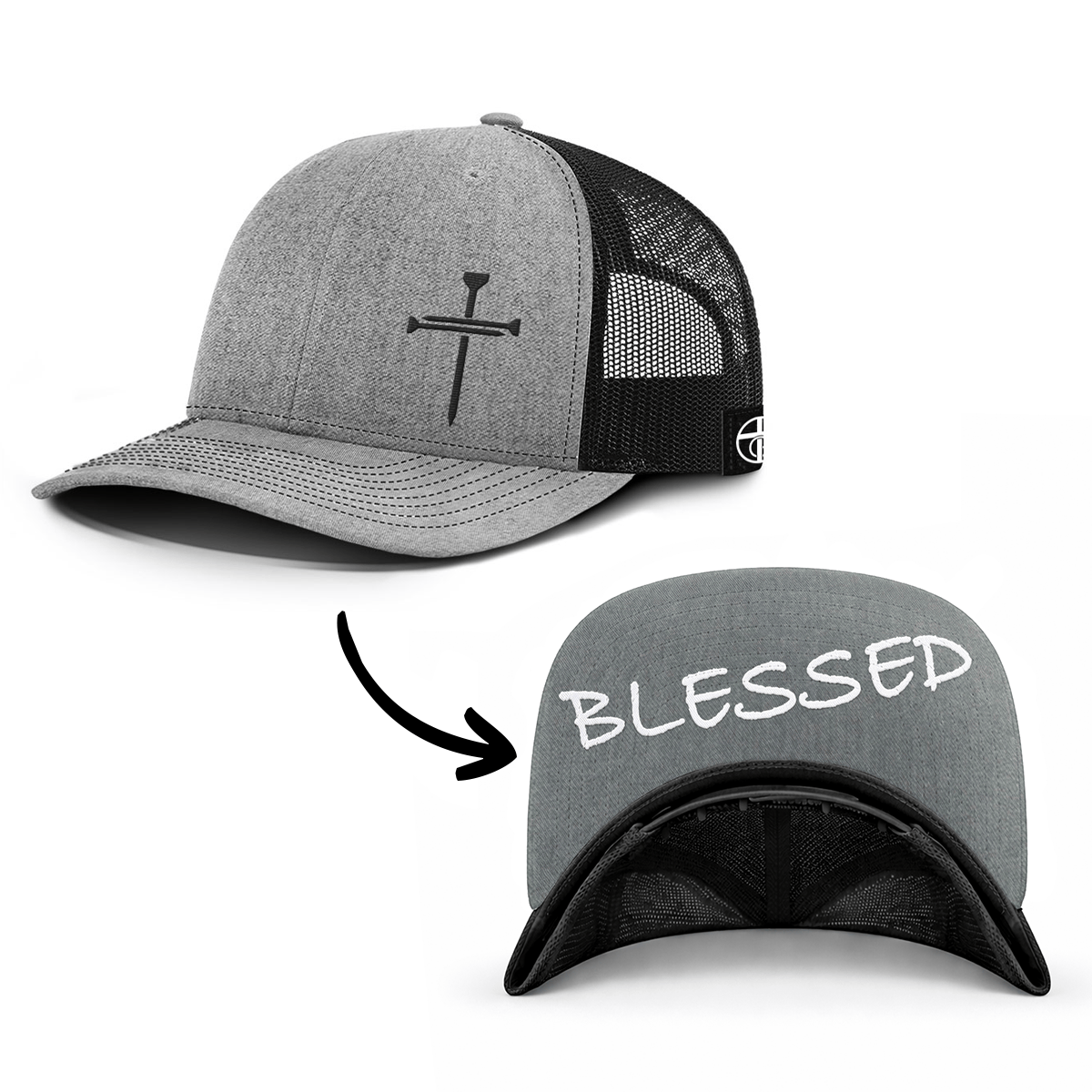 OurTrueGod Customs Hat Snapback / Heather and Black / One Size 3 Nail Cross - Blessed Prayer Print Hats