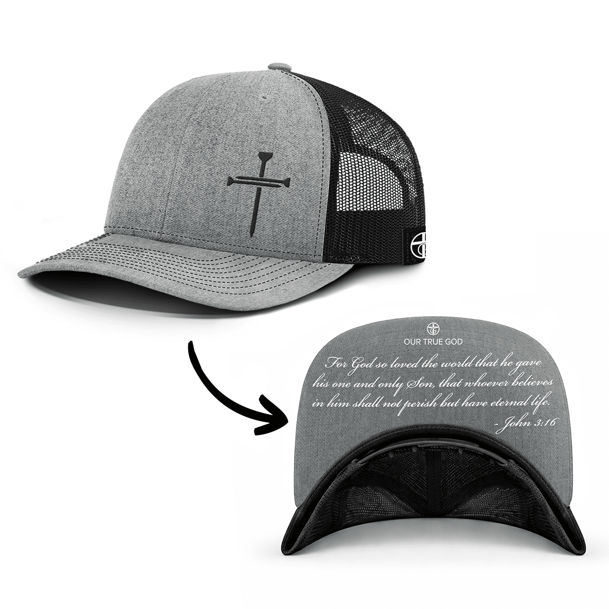 OurTrueGod Customs Hat Snapback / Heather and Black / One Size 3 Nail Cross - John 3:16 Prayer Print Hats
