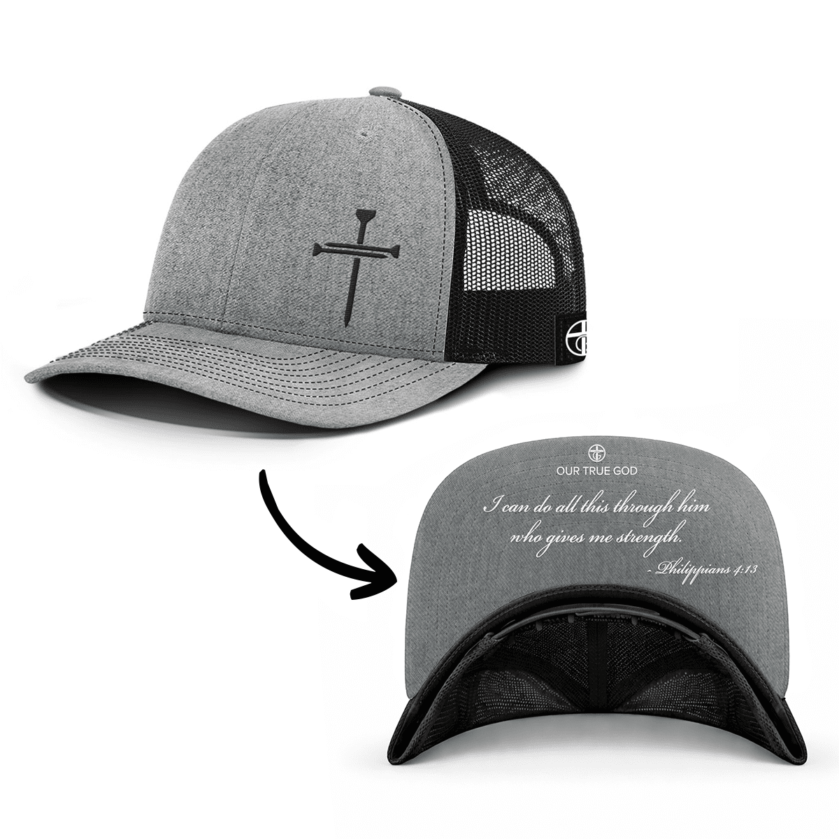 OurTrueGod Customs Hat Snapback / Heather and Black / One Size 3 Nail Cross - Philippians 4:13 Prayer Print Hats