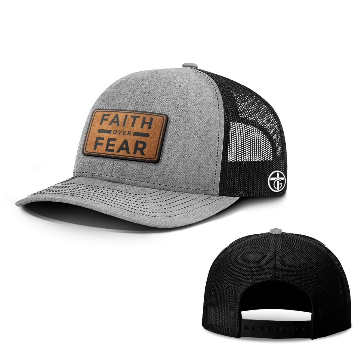 OurTrueGod Customs Hat Snapback / Heather and Black / One Size Faith Over Fear Leather Patch Hats