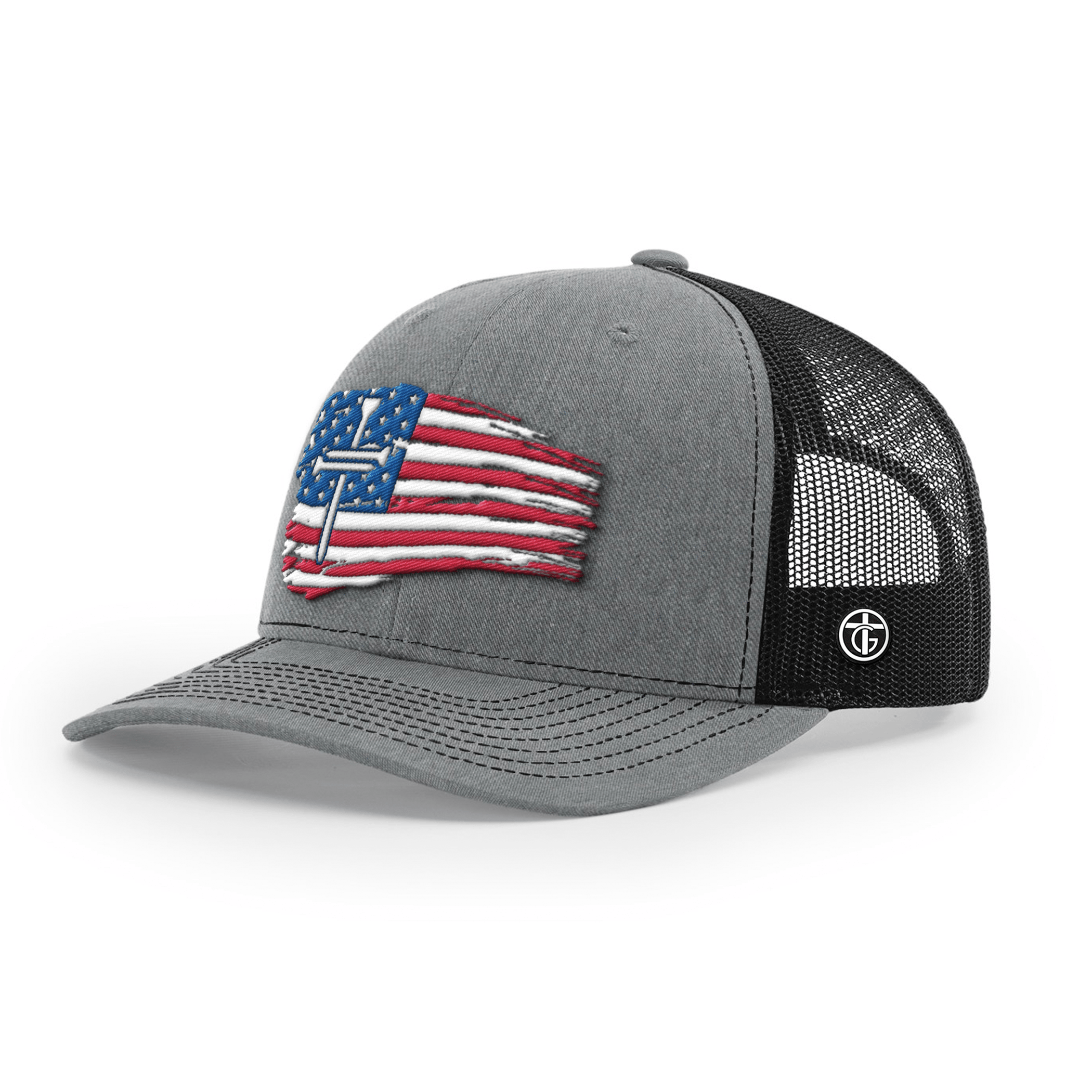OurTrueGod Customs Hat Snapback / Heather and Black / One Size Tattered Flag Cross Richardson Hats