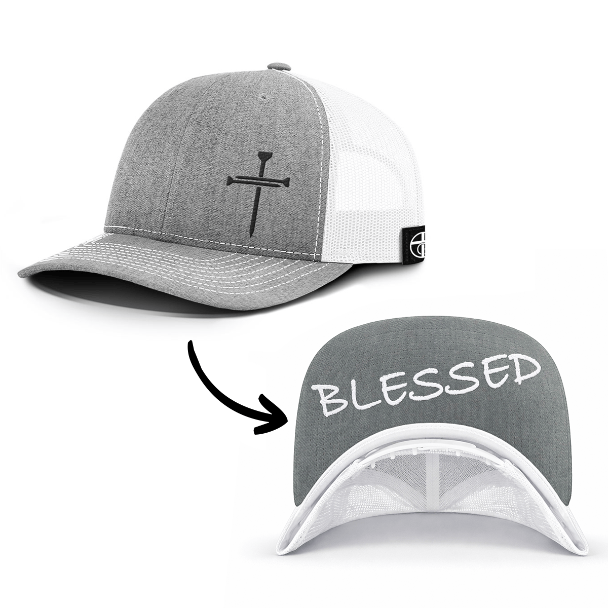 OurTrueGod Customs Hat Snapback / Heather and White / One Size 3 Nail Cross - Blessed Prayer Print Hats