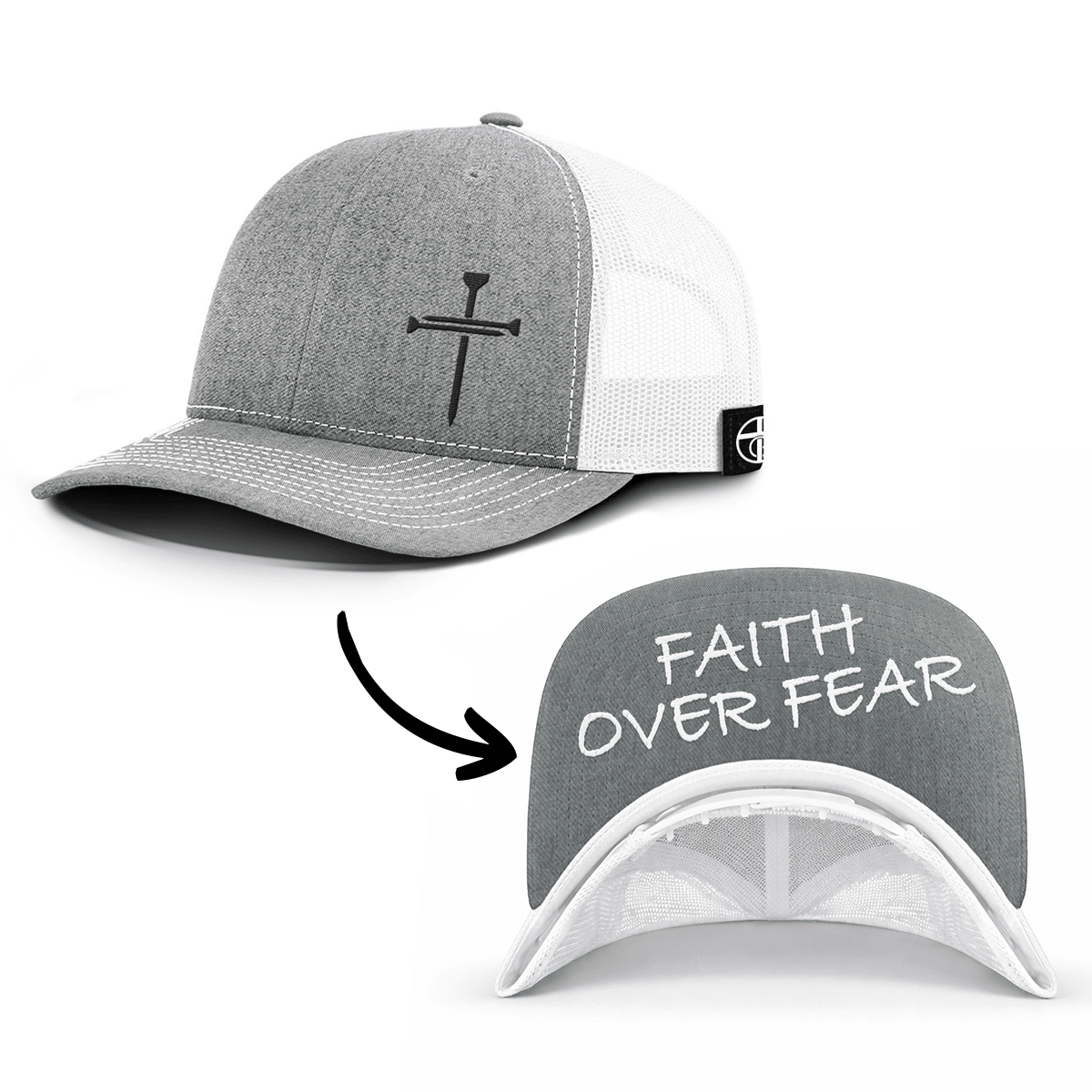 OurTrueGod Customs Hat Snapback / Heather and White / One Size 3 Nail Cross - Faith Over Fear Prayer Print Hats