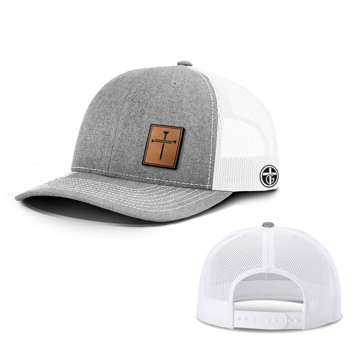 OurTrueGod Customs Hat Snapback / Heather and White / One Size 3 Nail Cross Leather Patch Hats