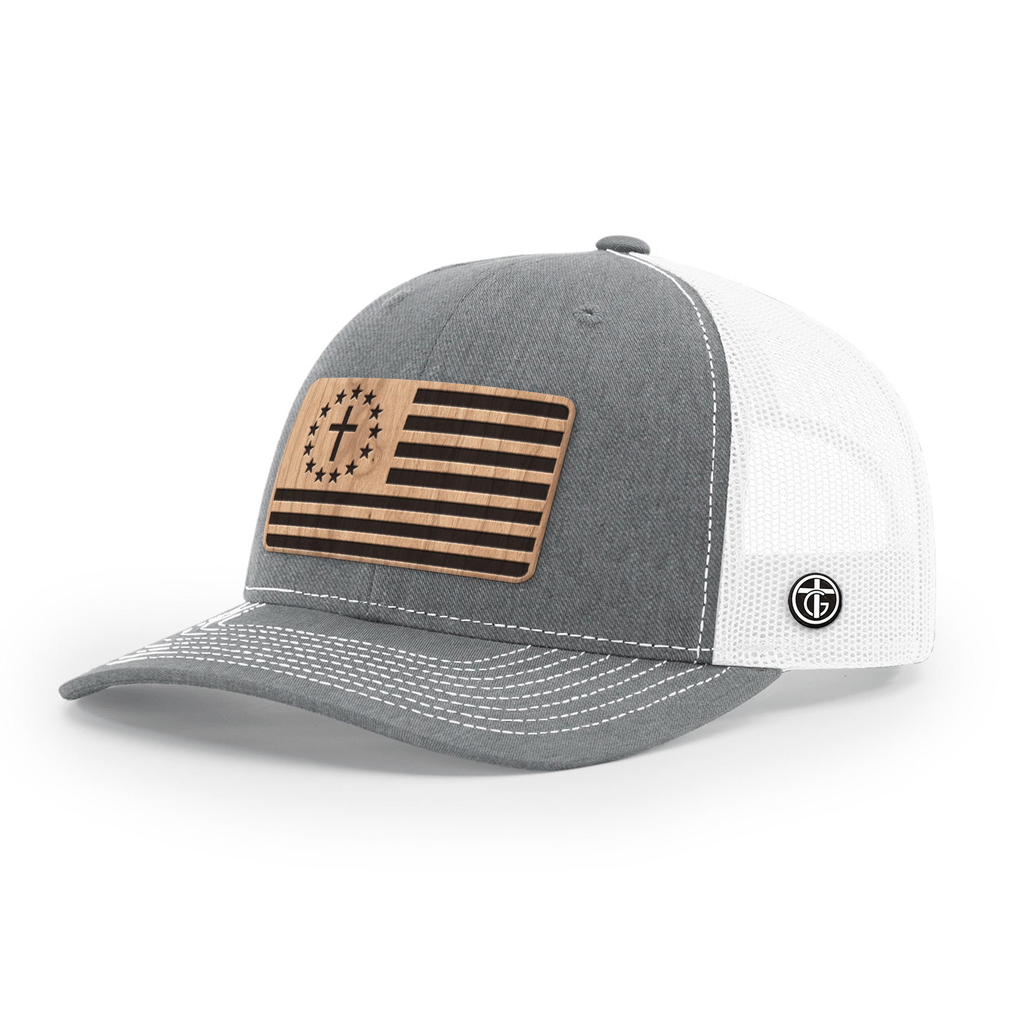 OurTrueGod Customs Hat Snapback / Heather and White / One Size Betsy Ross Flag Wood Patch Hats