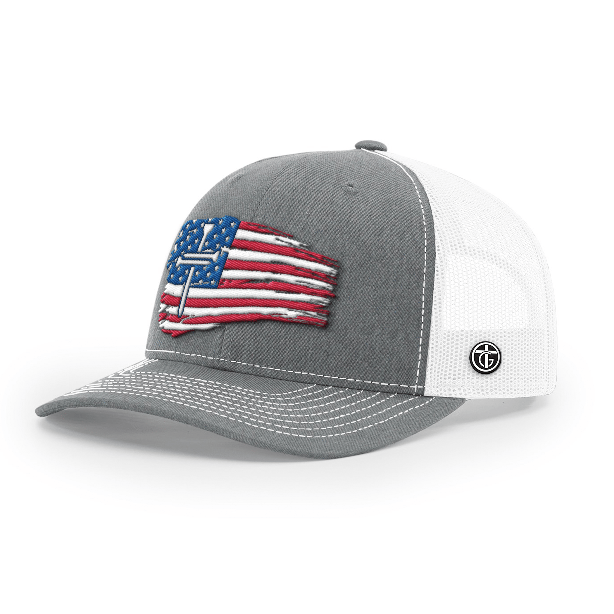 OurTrueGod Customs Hat Snapback / Heather and White / One Size Tattered Flag Cross Richardson Hats