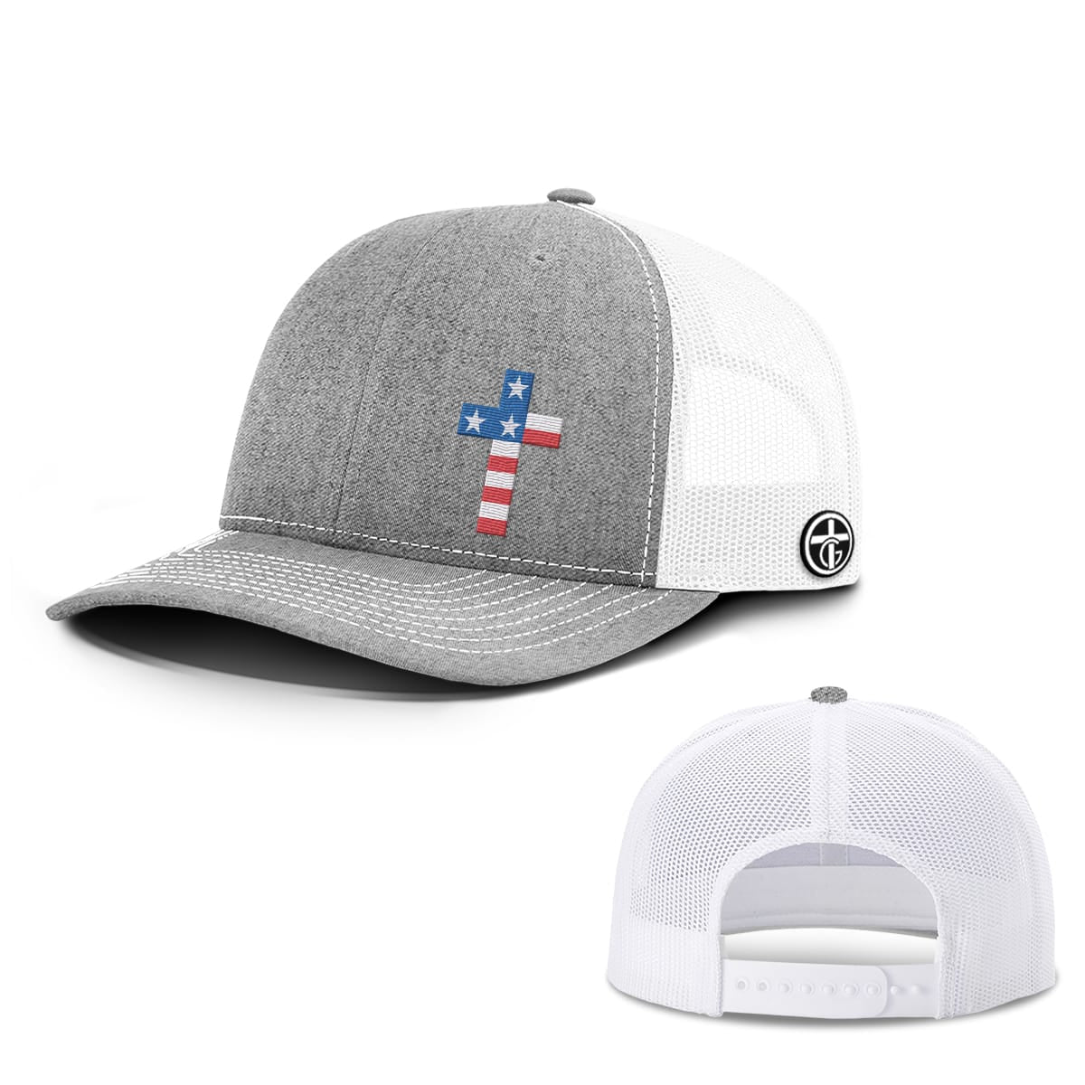 OurTrueGod Customs Hat Snapback / Heather and White / One Size USA Flag Cross Hats