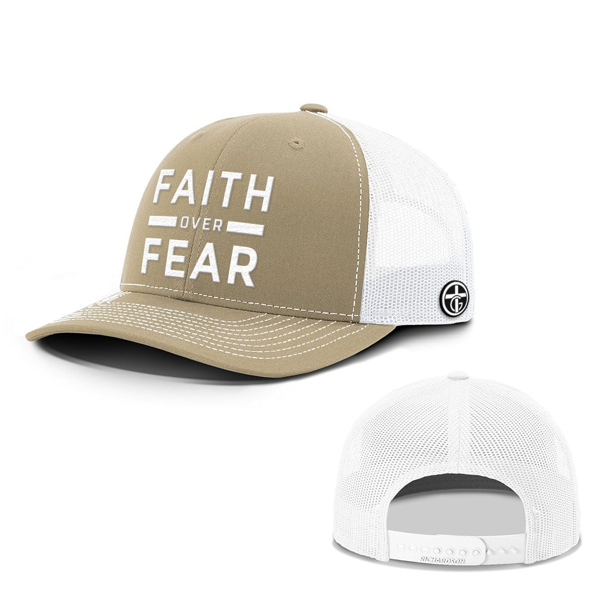 OurTrueGod Customs Hat Snapback / Khaki and White / One Size Faith Over Fear Everyday Faith Hats