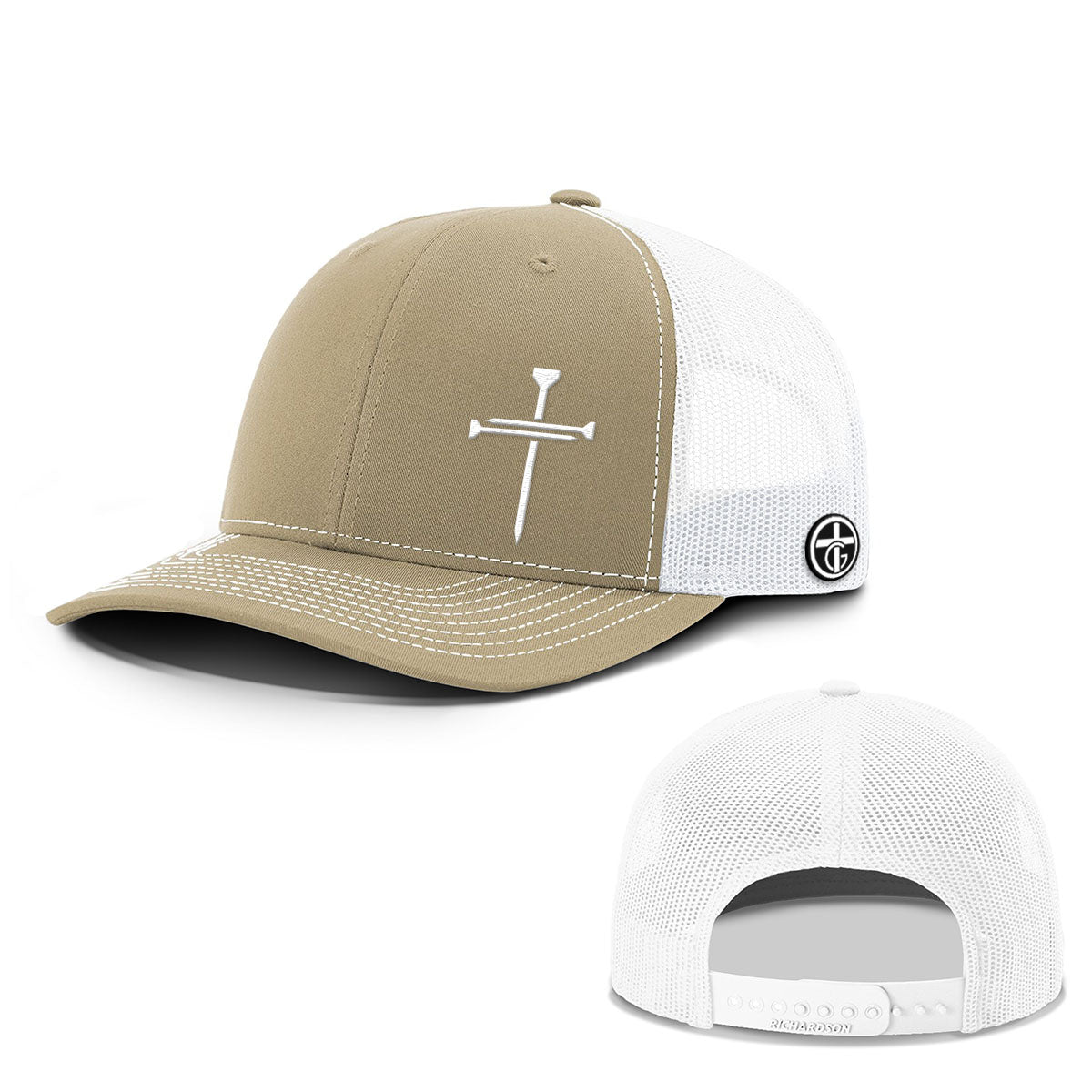 OurTrueGod Customs Hat Snapback / Khaki and White / One Size Nail Cross Lower Left Everyday Faith Hats