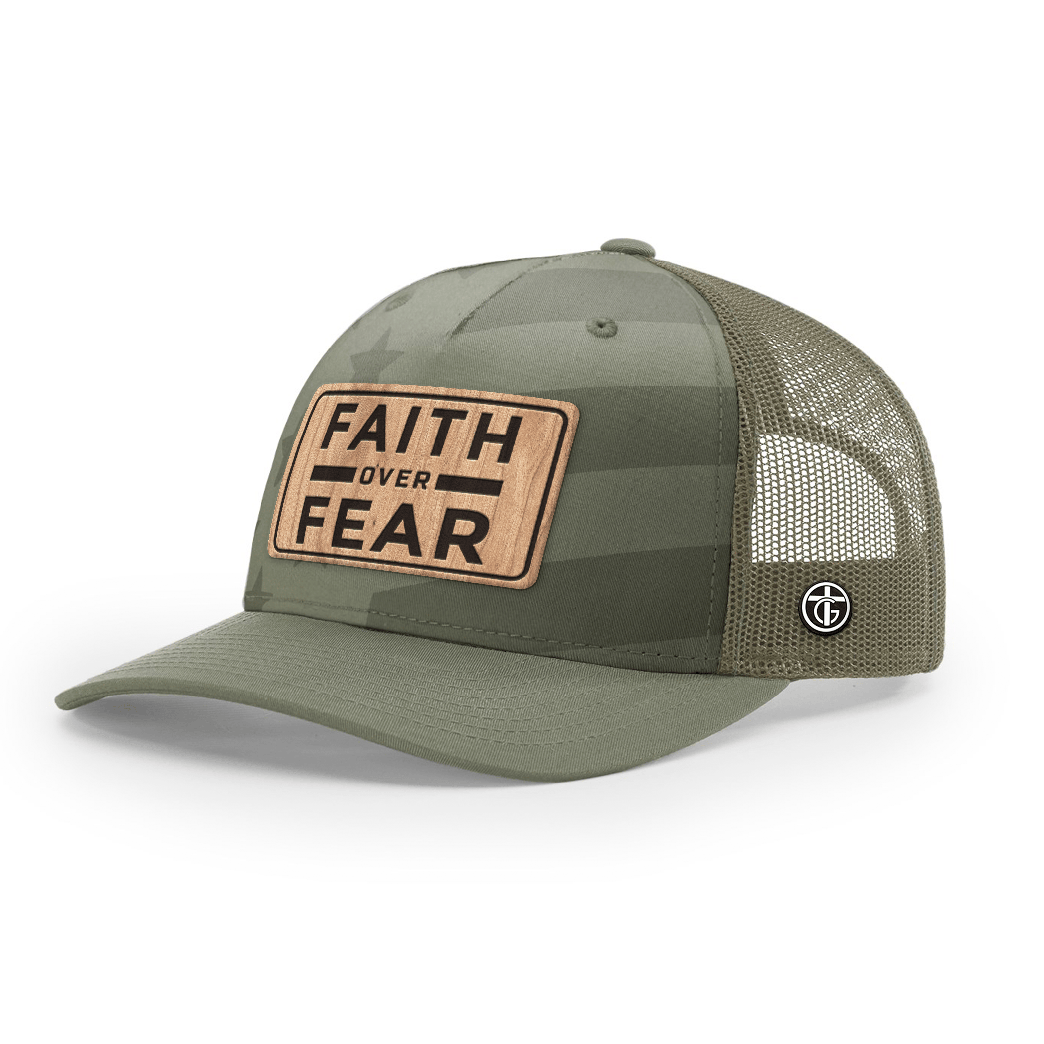 OurTrueGod Customs Hat Snapback / Loden and Tonal Stars and Stripes / One Size Faith Over Fear Camo Wood Patch Camo Hats