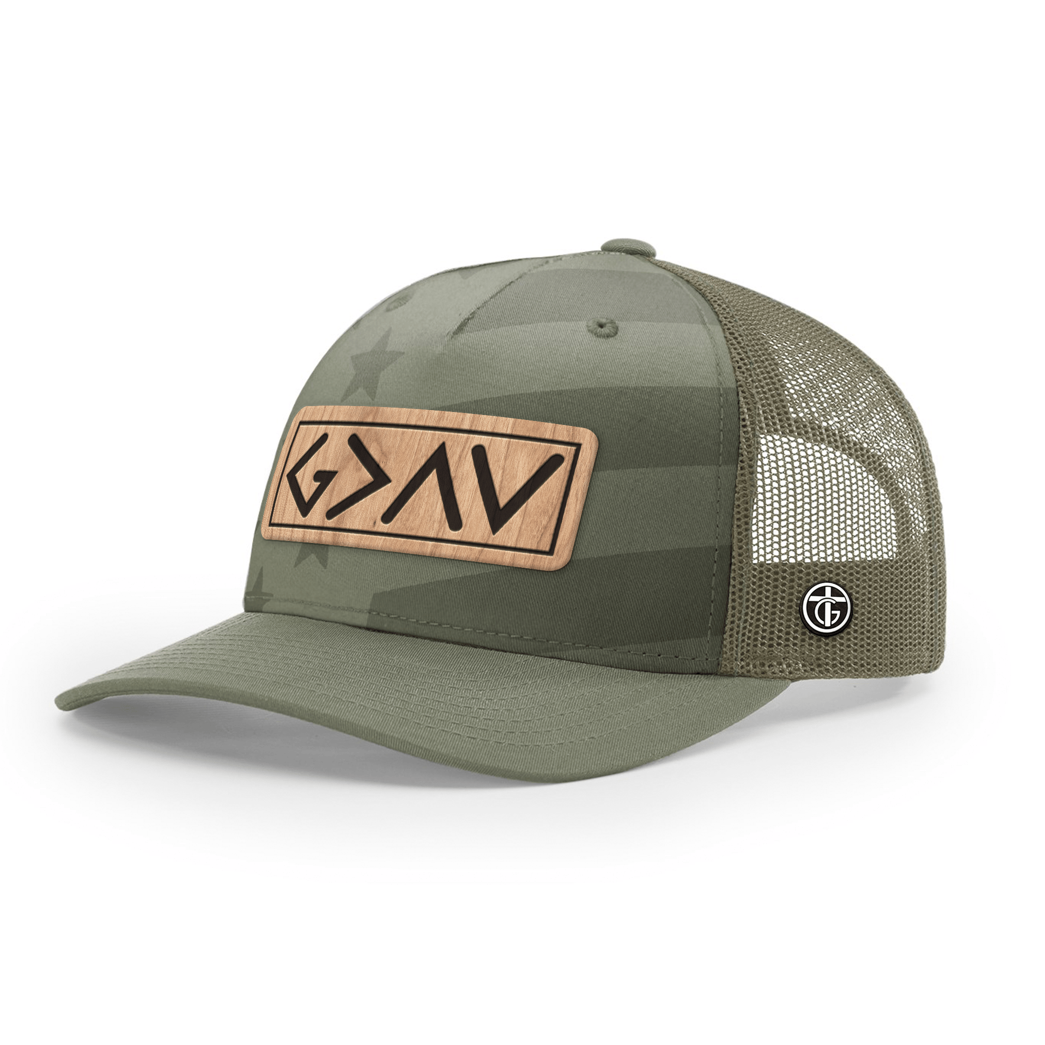 OurTrueGod Customs Hat Snapback / Loden and Tonal Stars and Stripes / One Size God Is Greater Than The Highs And Lows Wood Patch Camo Hats